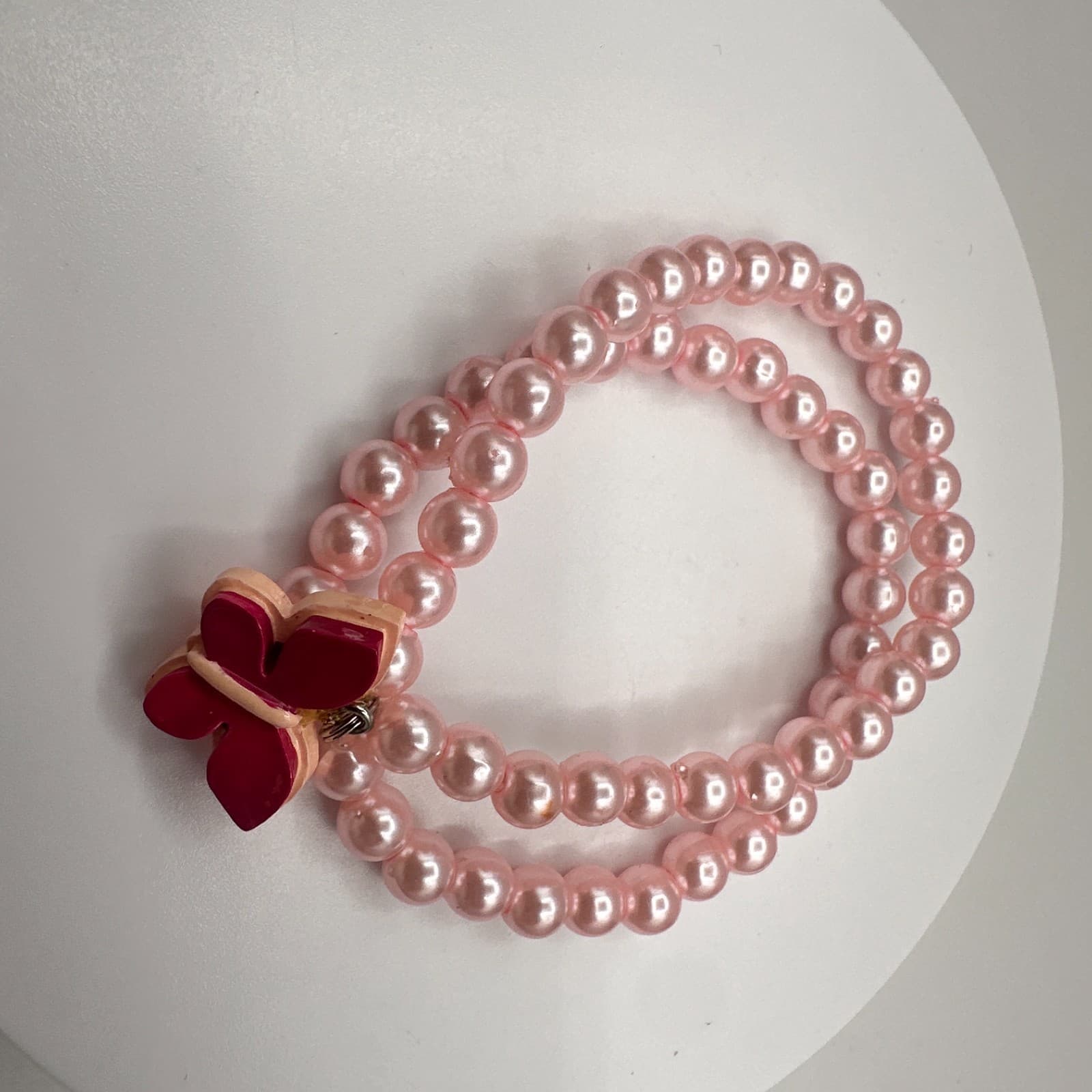 Vintage Y2K Pink Faux Pearl Double Strand Bracelet Butterfly Charm Boho Jewelry - Thumbnail 2