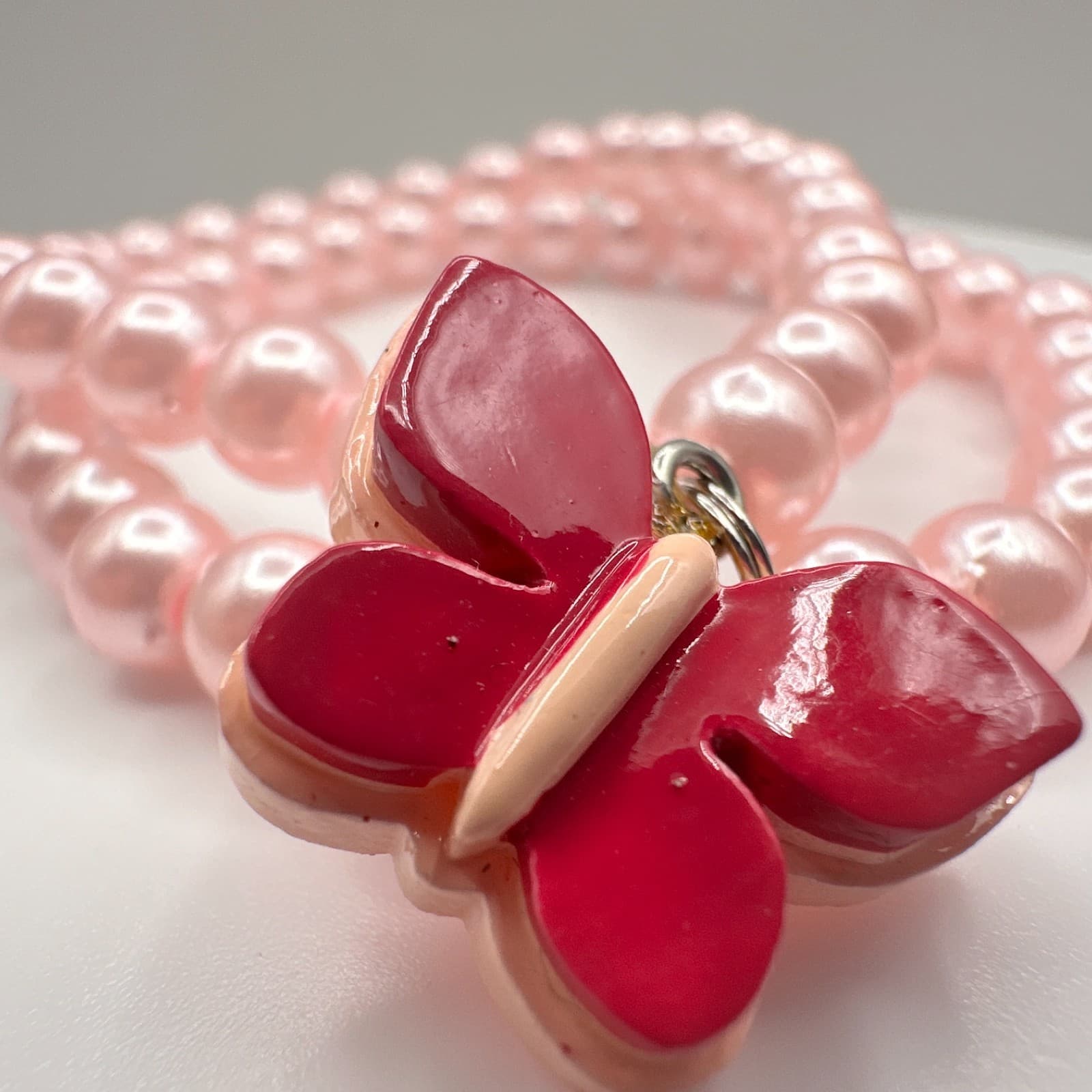 Vintage Y2K Pink Faux Pearl Double Strand Bracelet Butterfly Charm Boho Jewelry - Thumbnail 3