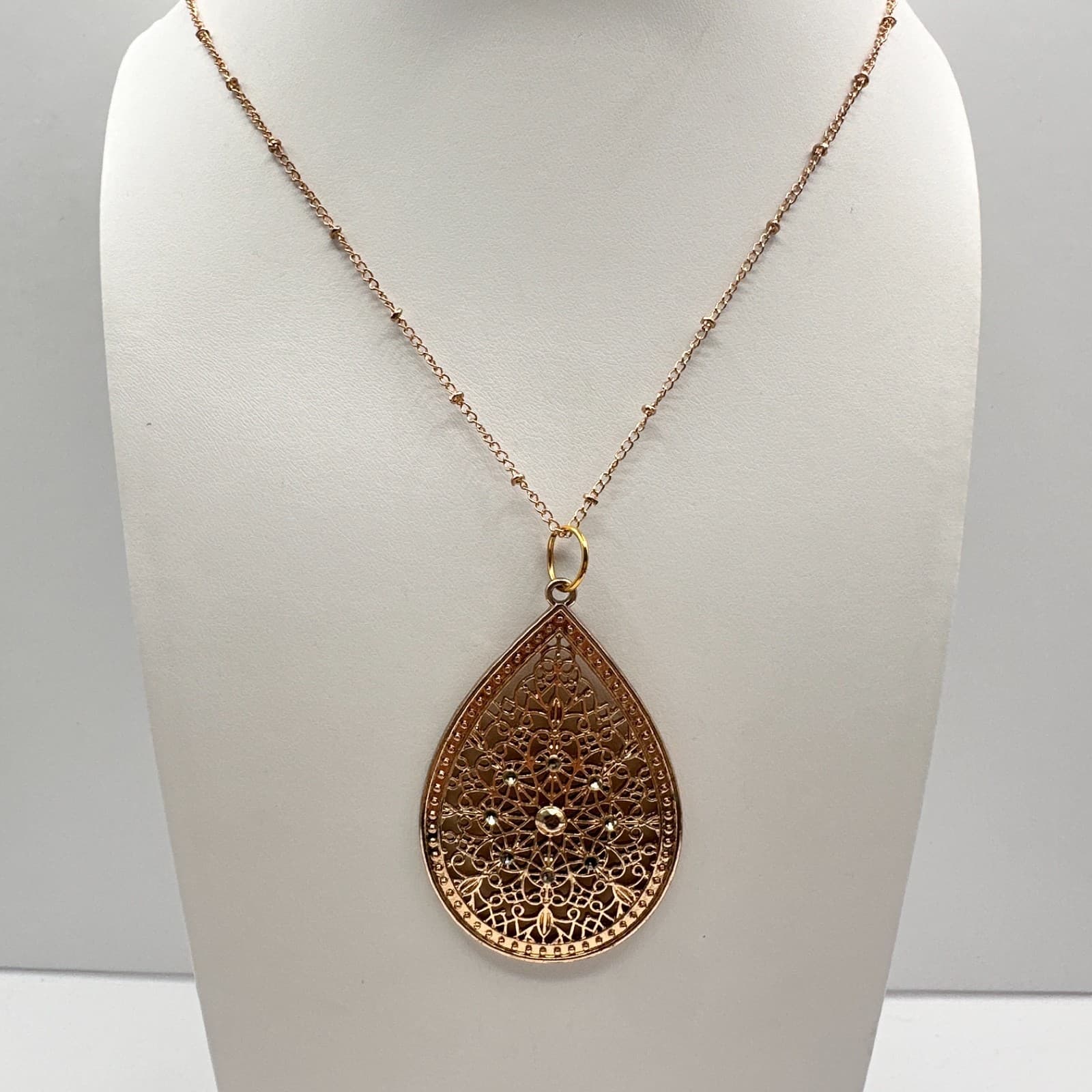 Vintage 90s Rose Gold Tone Filigree Teardrop Pendant Necklace Rhinestone Jewelry - Image 1