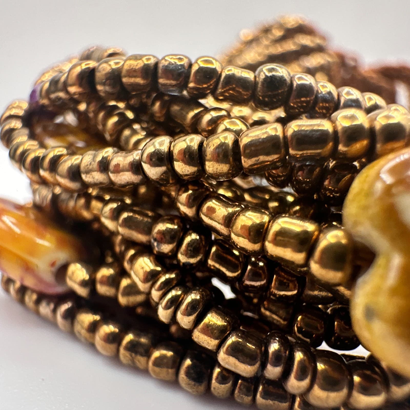 Vintage 90s Multi-Strand Bronze Beaded Bracelet Boho Heart Stone Charm Jewelry - Thumbnail 3