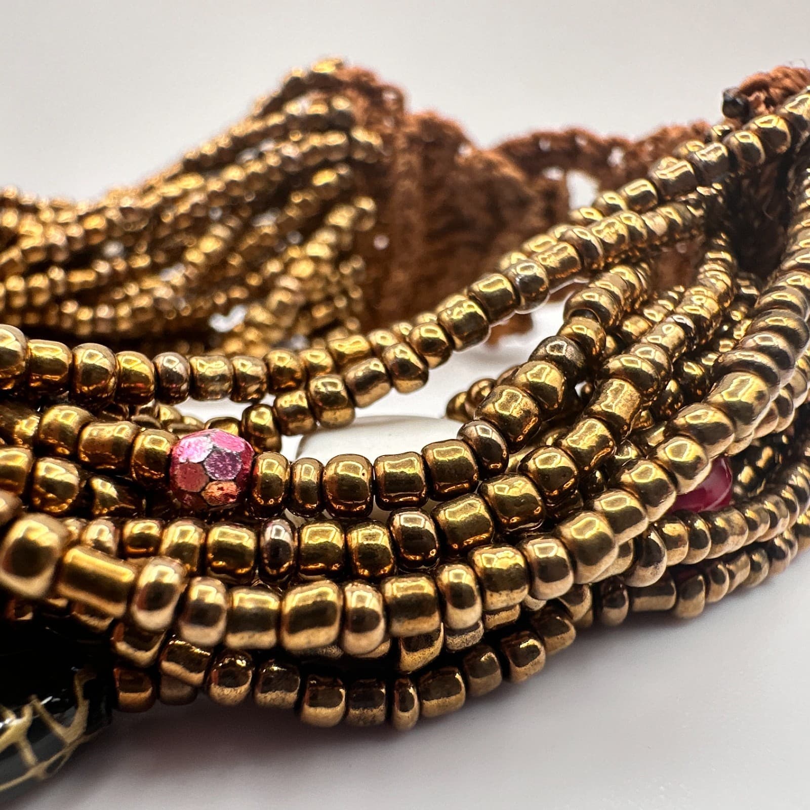 Vintage 90s Multi-Strand Bronze Beaded Bracelet Boho Heart Stone Charm Jewelry - Thumbnail 5