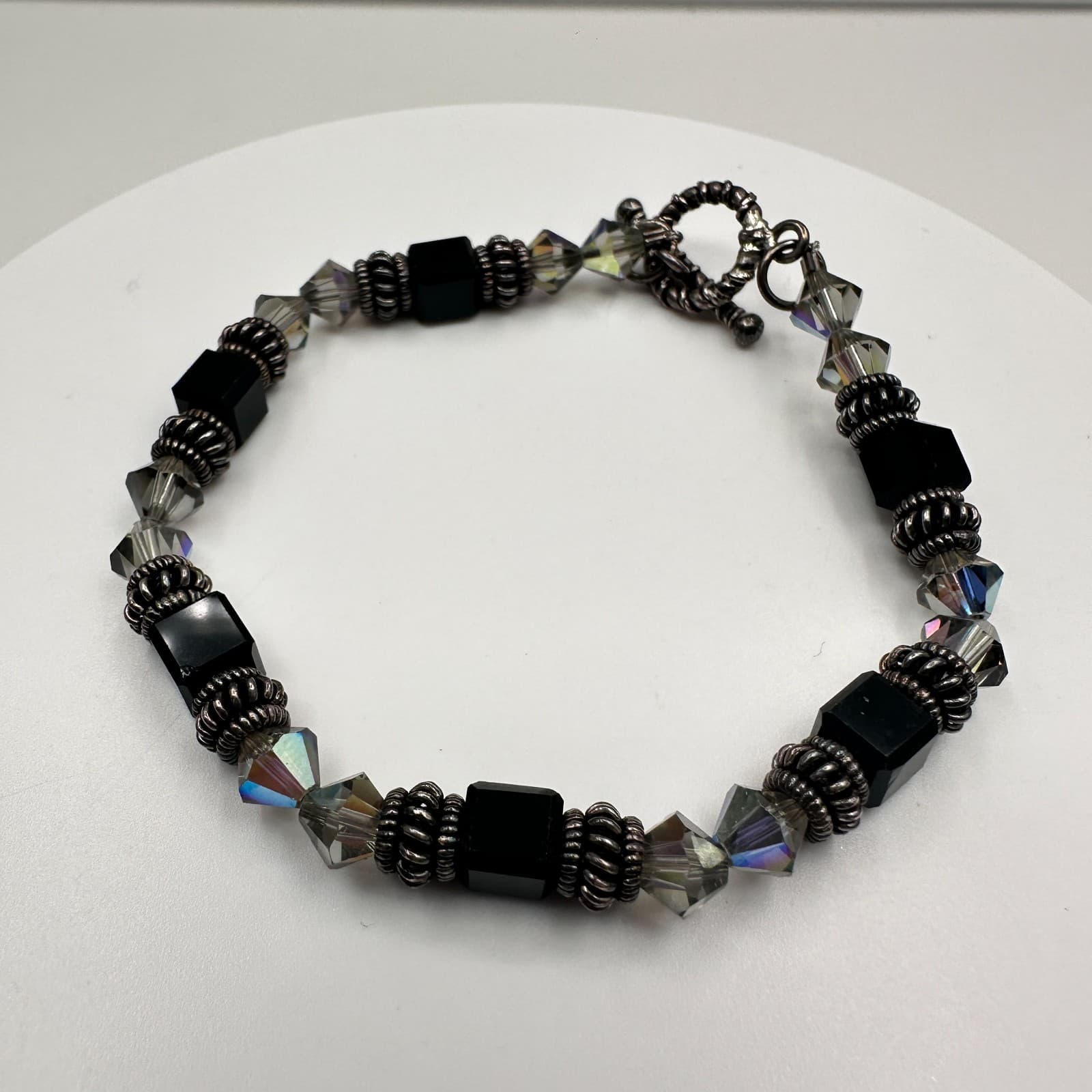 Vintage 90s Beaded Bracelet Black Cube Iridescent Glass Silver Tone Toggle - Image 1