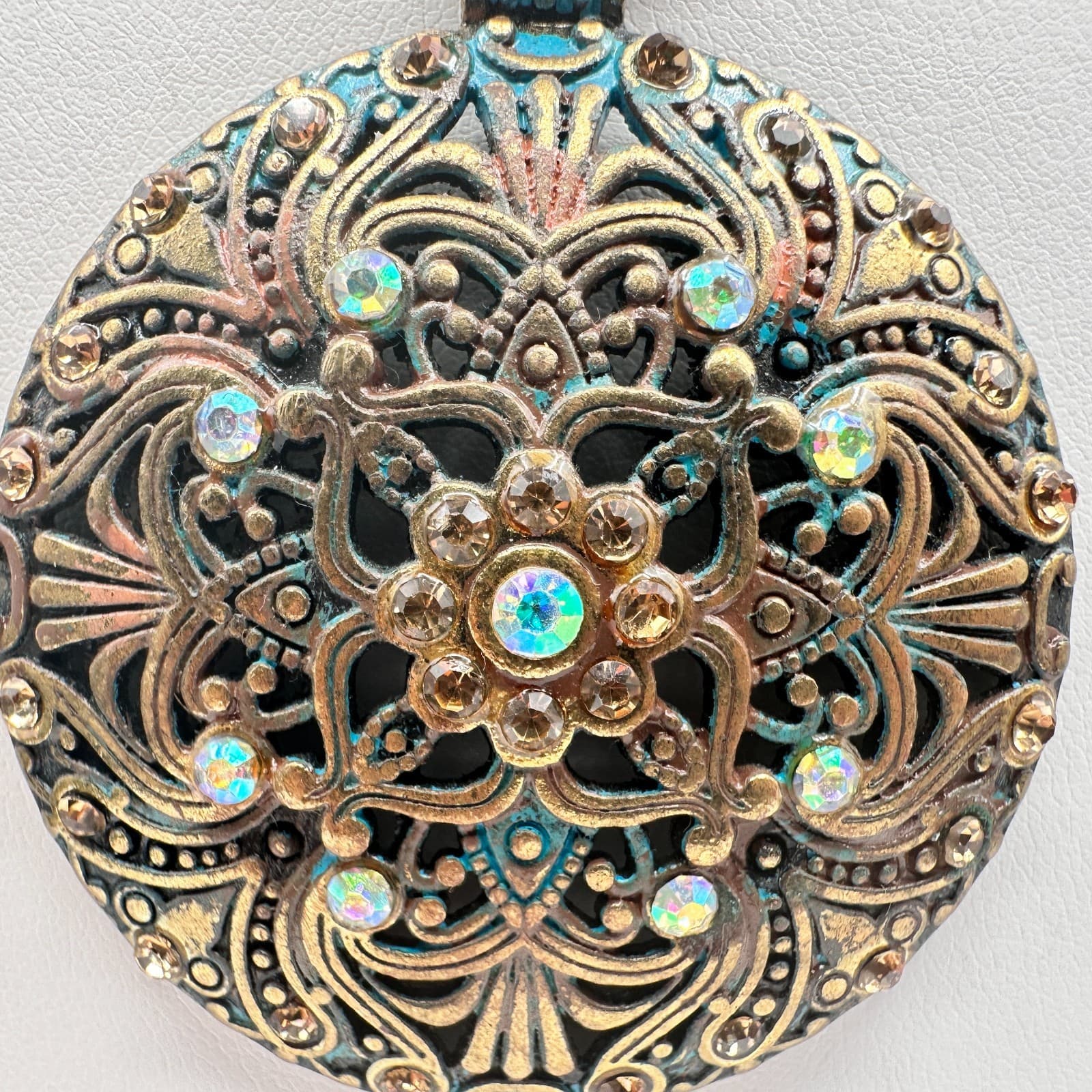 Vintage 90s Medallion Filigree Pendant Necklace Gold Tone Patina AB Rhinestone - Thumbnail 3