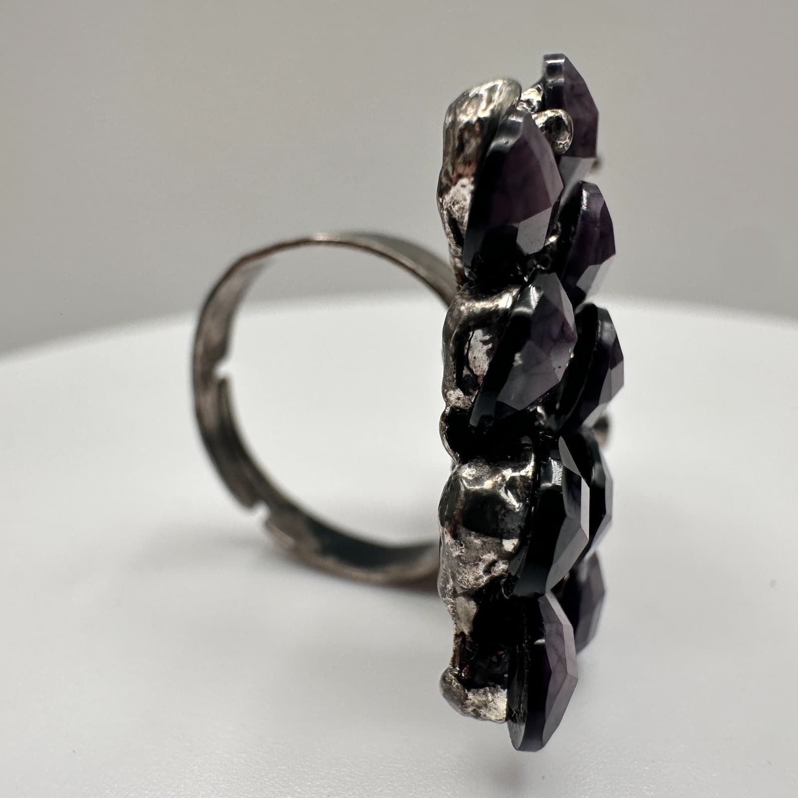 Vintage 90s Peacock Rhinestone Ring Purple Faux Stone Silver Tone Adjustable - Thumbnail 3