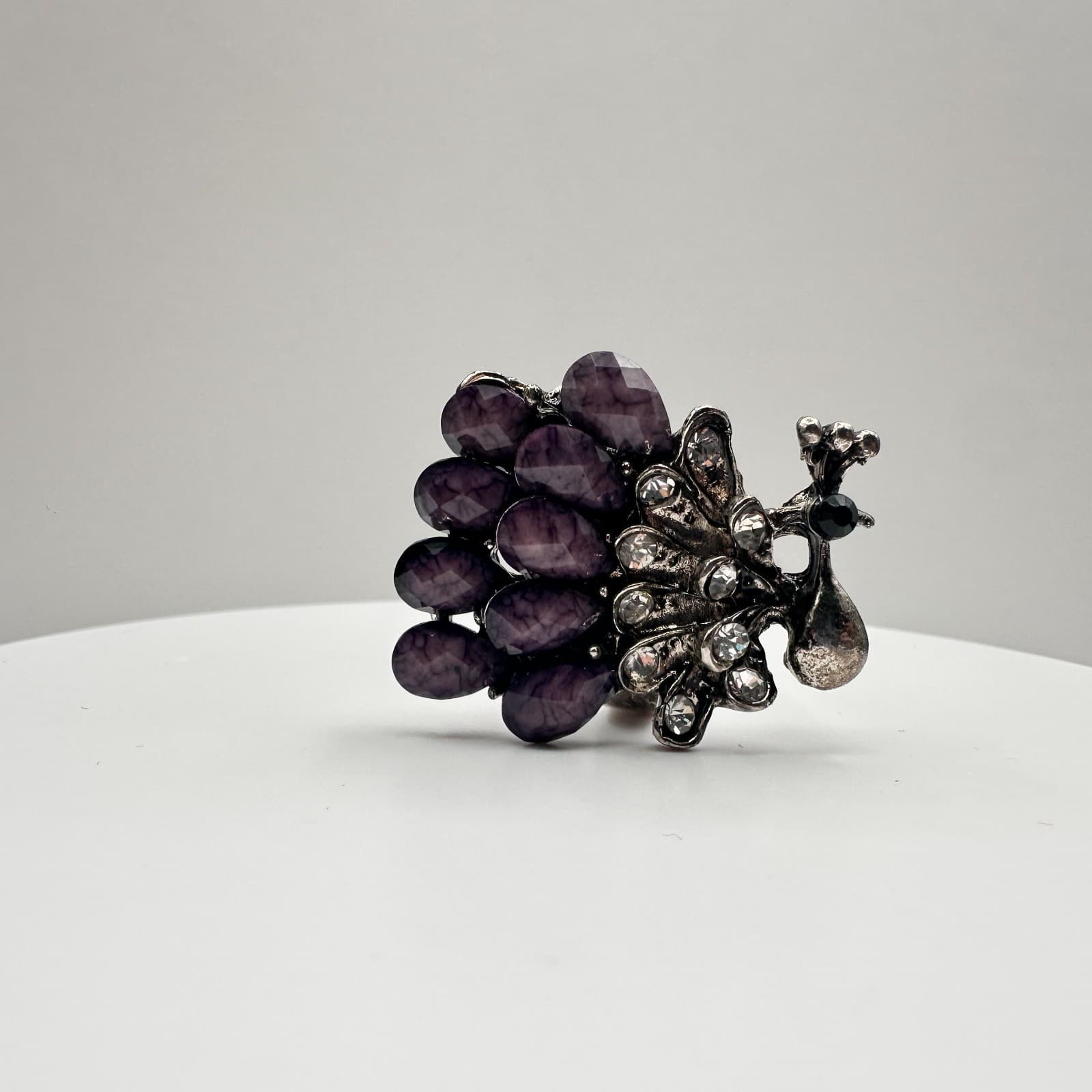Vintage 90s Peacock Rhinestone Ring Purple Faux Stone Silver Tone Adjustable - Thumbnail 7