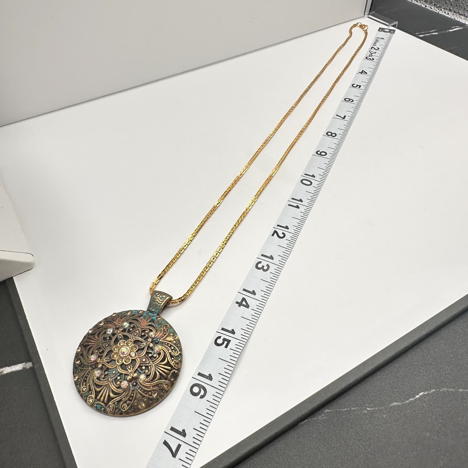 Vintage 90s Medallion Filigree Pendant Necklace Gold Tone Patina AB Rhinestone - Thumbnail 8
