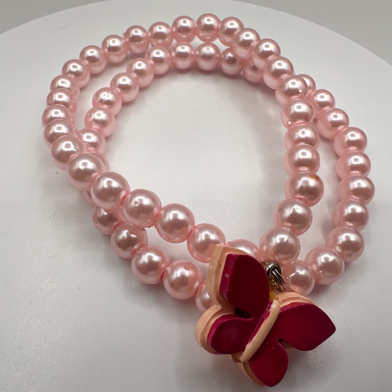 Vintage Y2K Pink Faux Pearl Double Strand Bracelet Butterfly Charm Boho Jewelry - Thumbnail 7