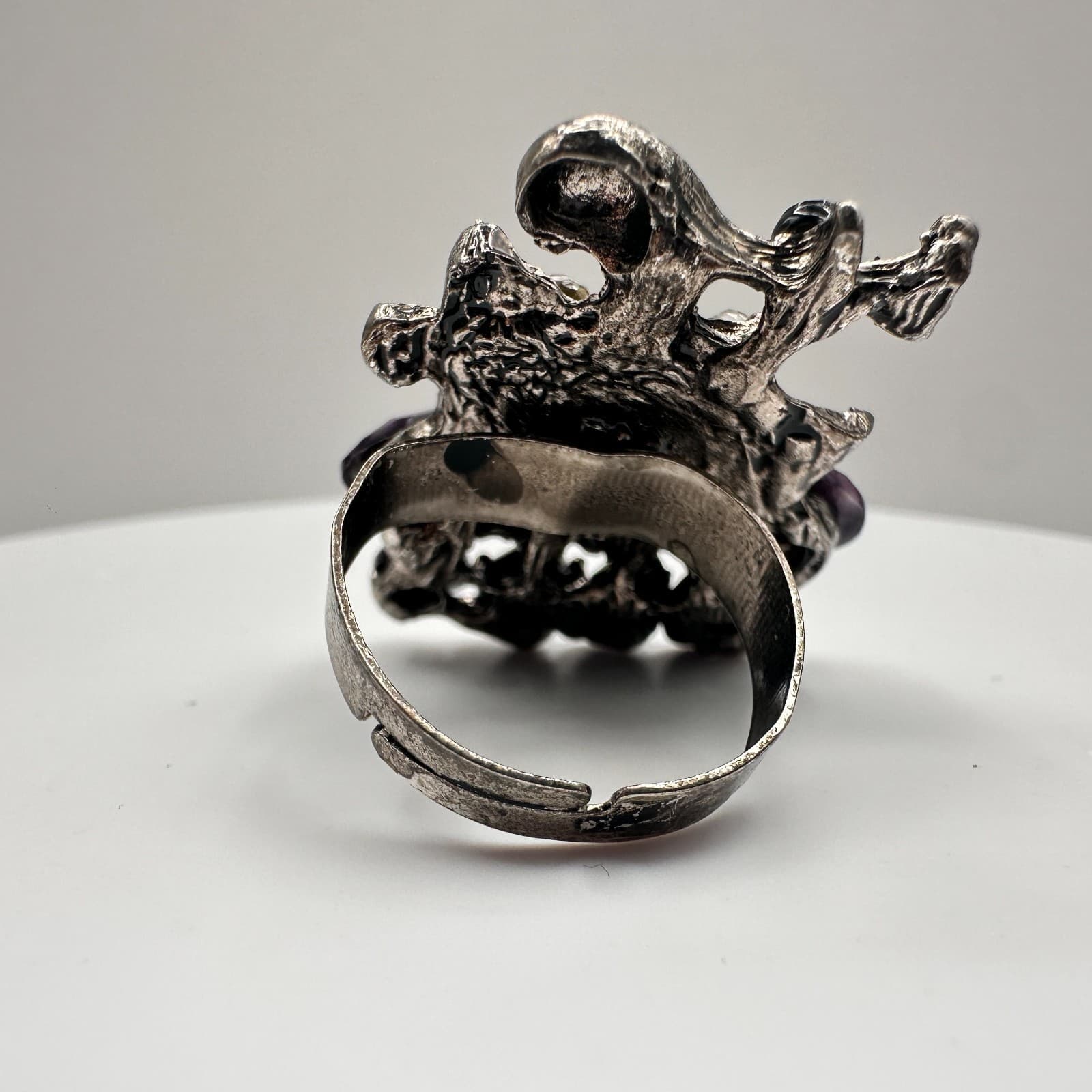 Vintage 90s Peacock Rhinestone Ring Purple Faux Stone Silver Tone Adjustable - Thumbnail 6