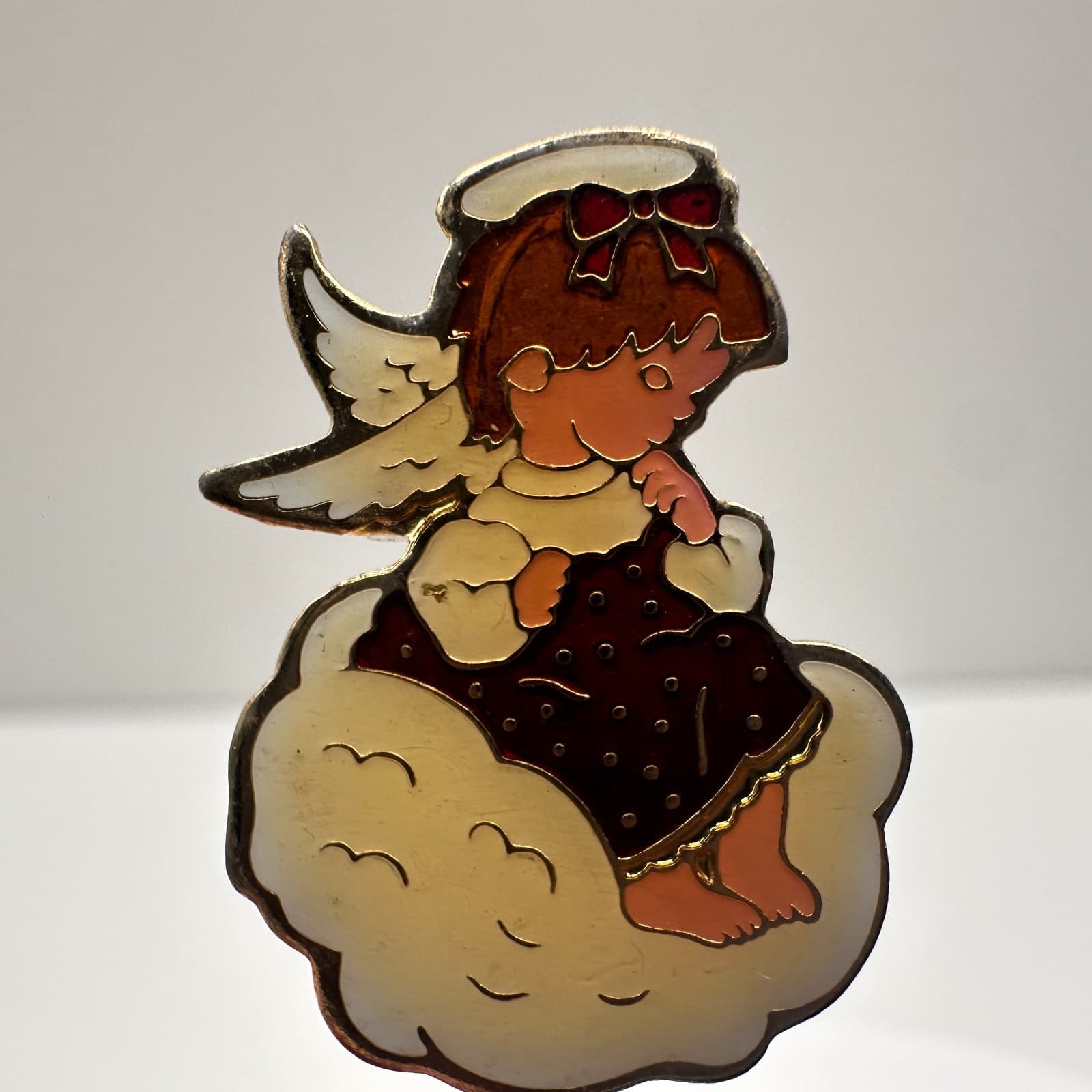 Vintage 80s 90s Angel On Cloud Stick Brooch Pin Gold Tone Enamel Jewelry - Thumbnail 7