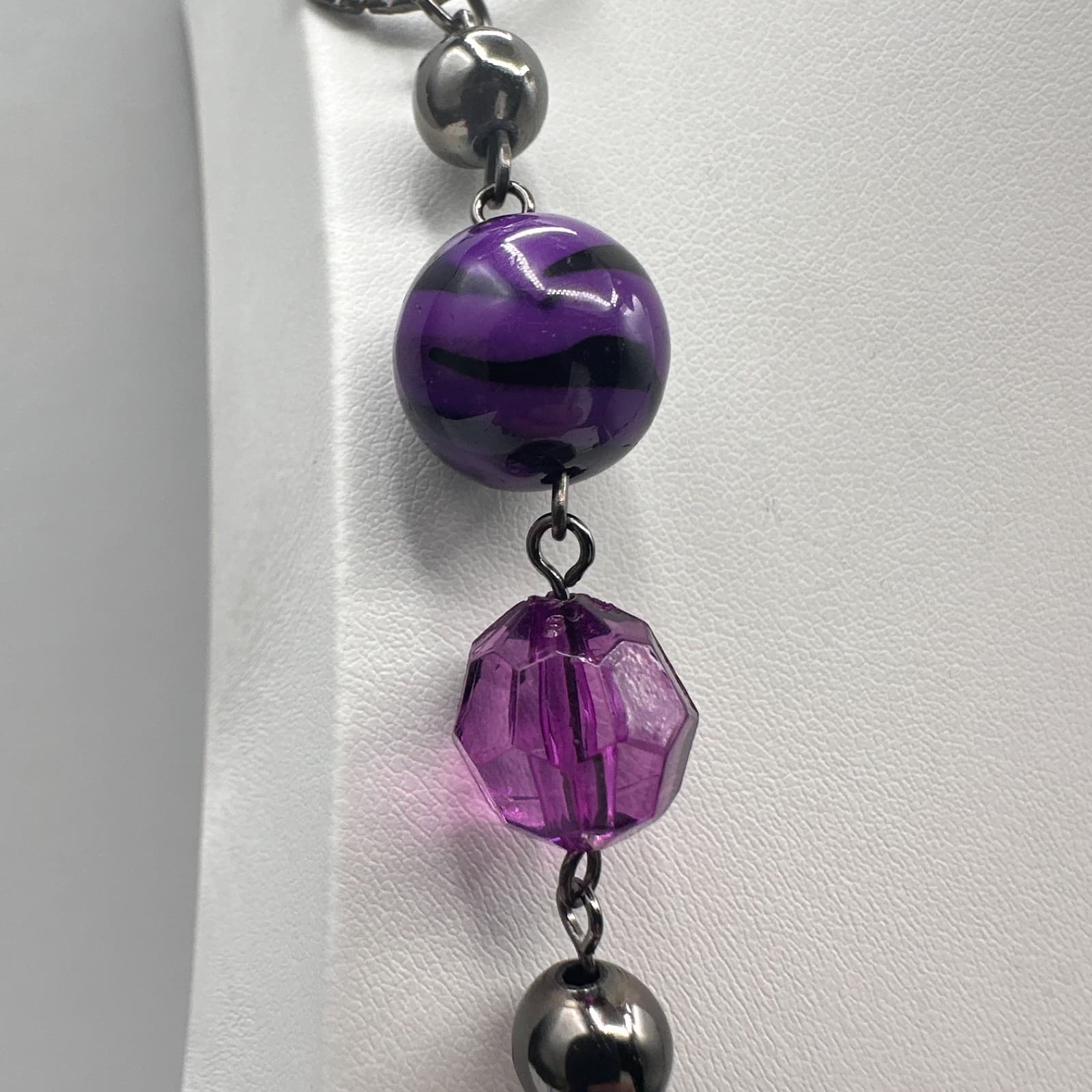 Vintage 90s Necklace Acrylic Beaded Silver Tone Boho Women's Classic Jewelry - Thumbnail 6