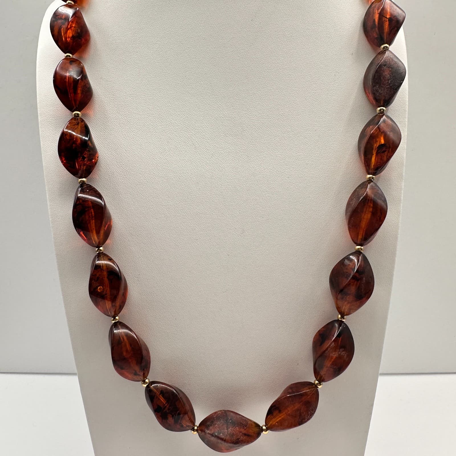 Vintage 90s Faux Amber Resin Chunky Necklace Brown Twisted Beaded Jewelry - Thumbnail 2