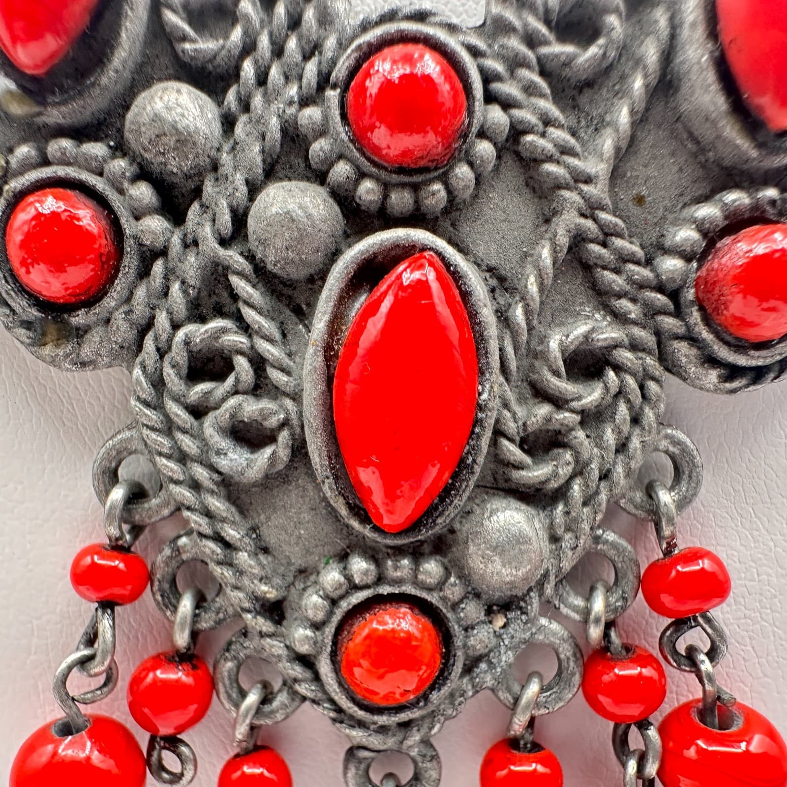 Vintage 90s Silver Tone Red Bead Statement Bib Necklace Boho Ethnic Jewelry - Thumbnail 4