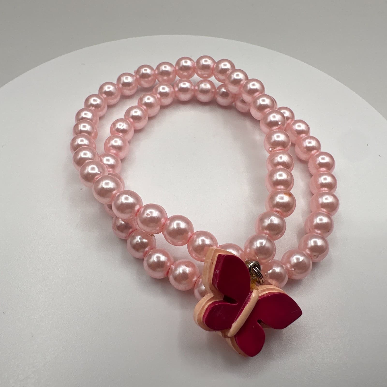 Vintage Y2K Pink Faux Pearl Double Strand Bracelet Butterfly Charm Boho Jewelry - Thumbnail 6