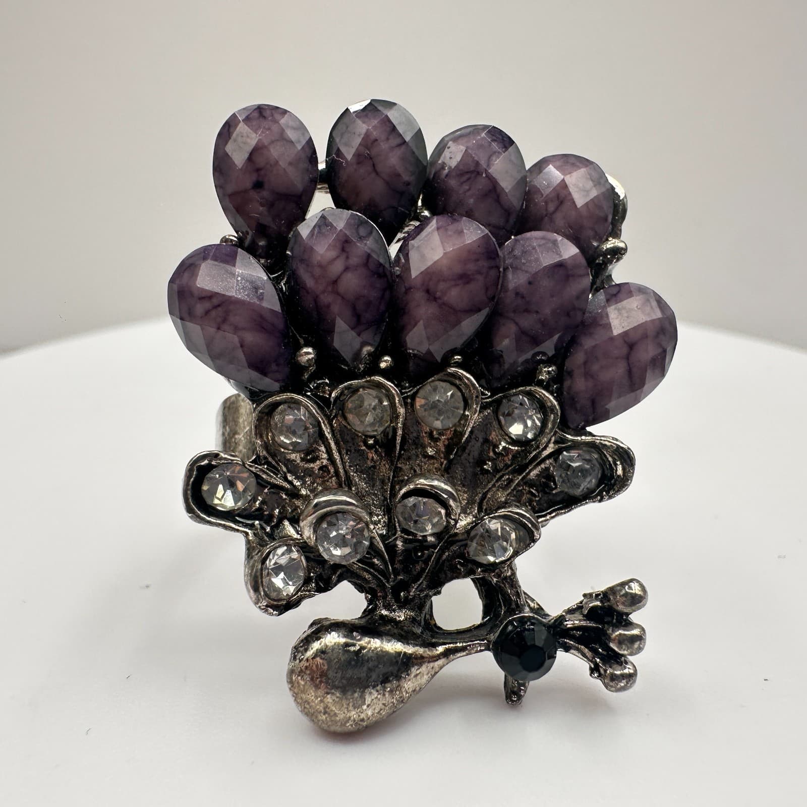 Vintage 90s Peacock Rhinestone Ring Purple Faux Stone Silver Tone Adjustable - Image 1