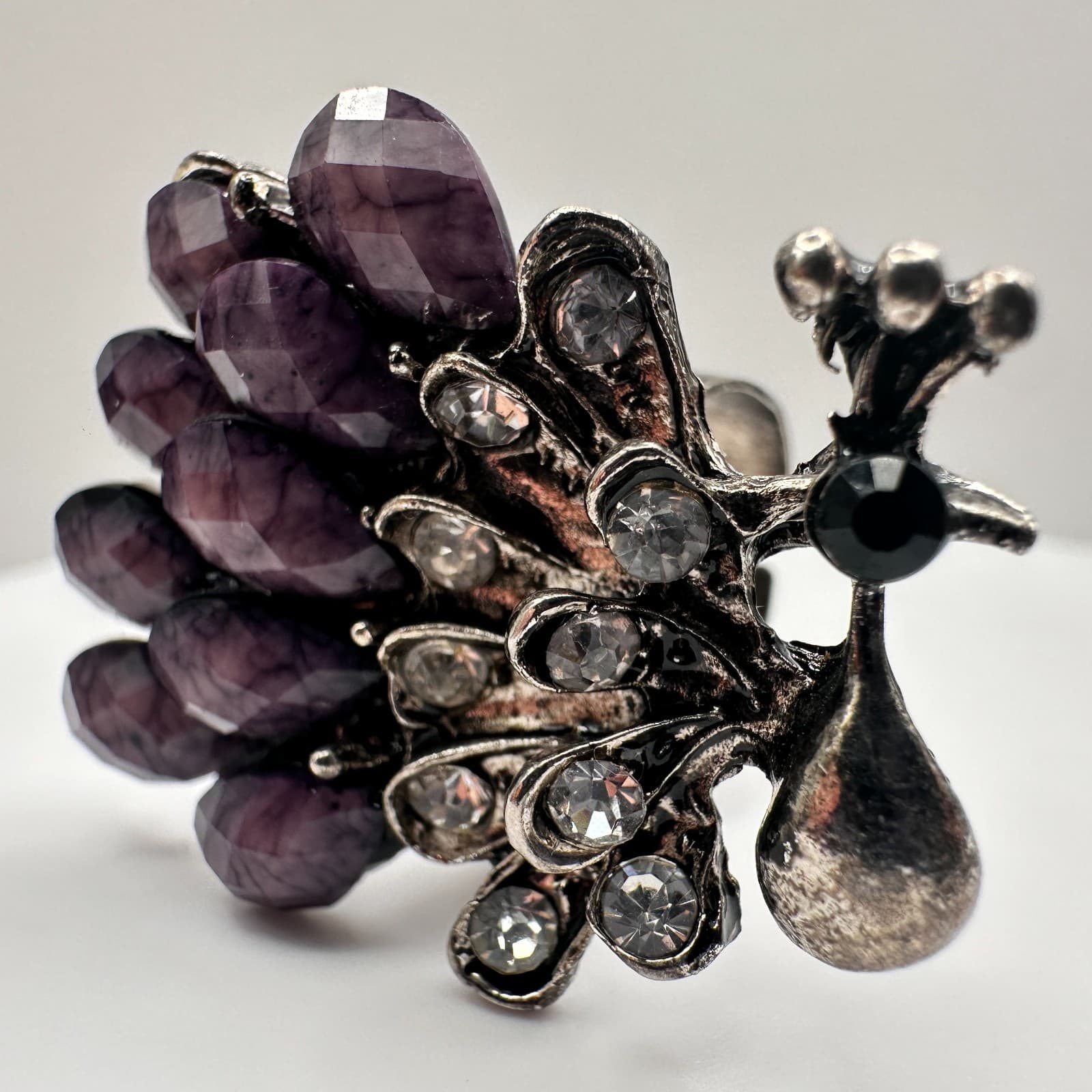 Vintage 90s Peacock Rhinestone Ring Purple Faux Stone Silver Tone Adjustable - Thumbnail 5