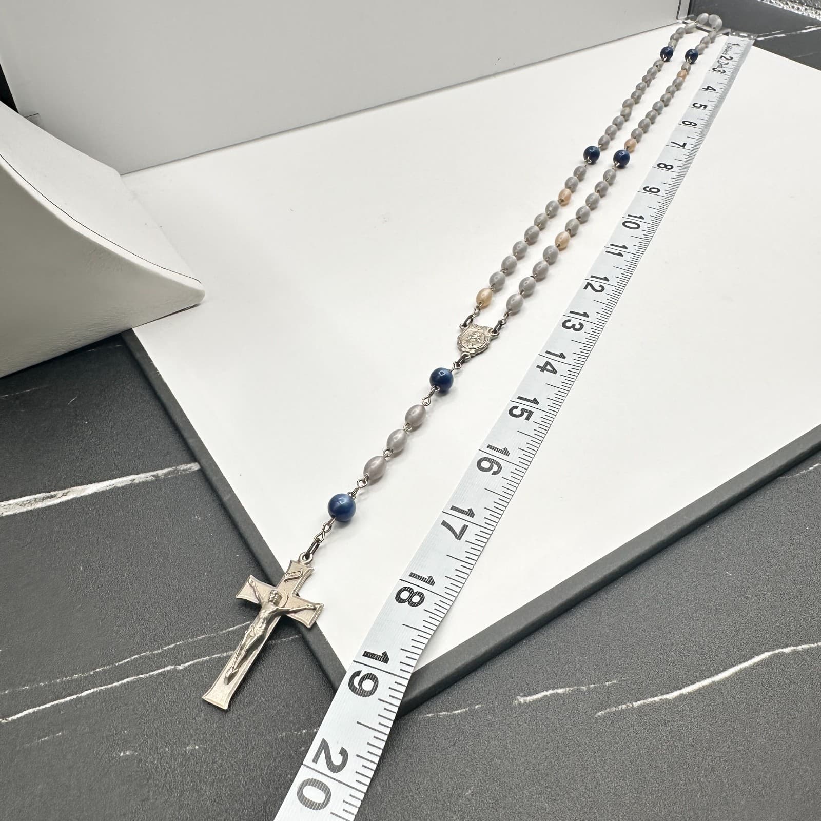 Vintage 90s Catholic Rosary Necklace Silver Tone Grey Beads Crucifix Jewelry - Thumbnail 8