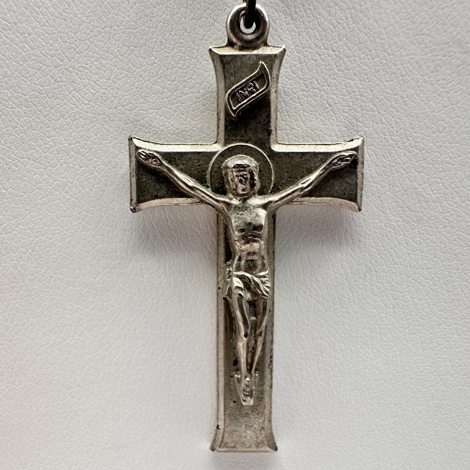 Vintage 90s Catholic Rosary Necklace Silver Tone Grey Beads Crucifix Jewelry - Thumbnail 2