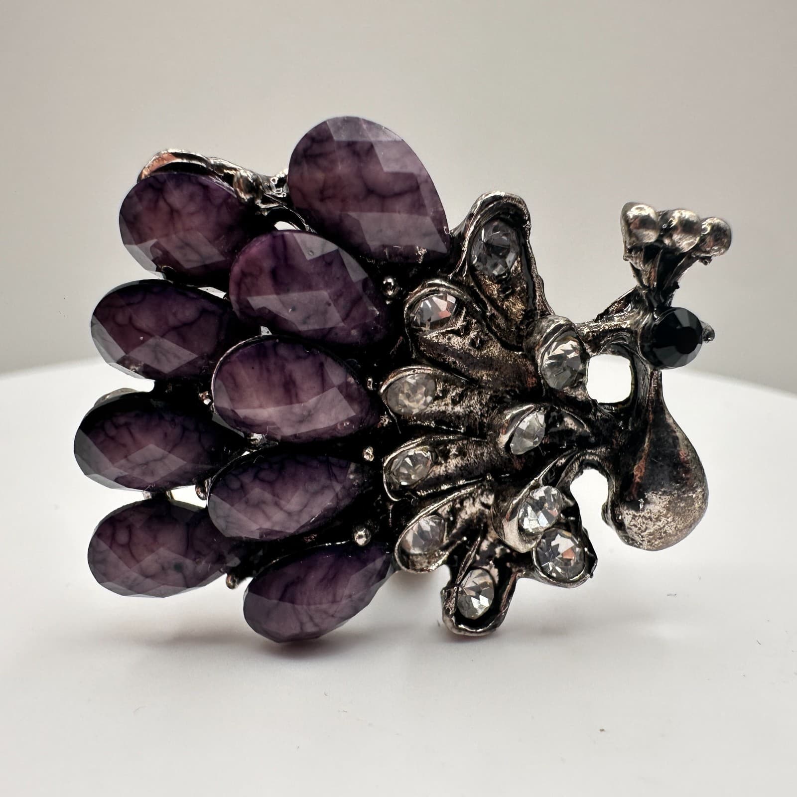Vintage 90s Peacock Rhinestone Ring Purple Faux Stone Silver Tone Adjustable - Thumbnail 2
