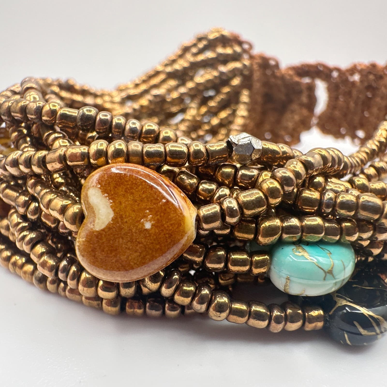 Vintage 90s Multi-Strand Bronze Beaded Bracelet Boho Heart Stone Charm Jewelry - Thumbnail 2
