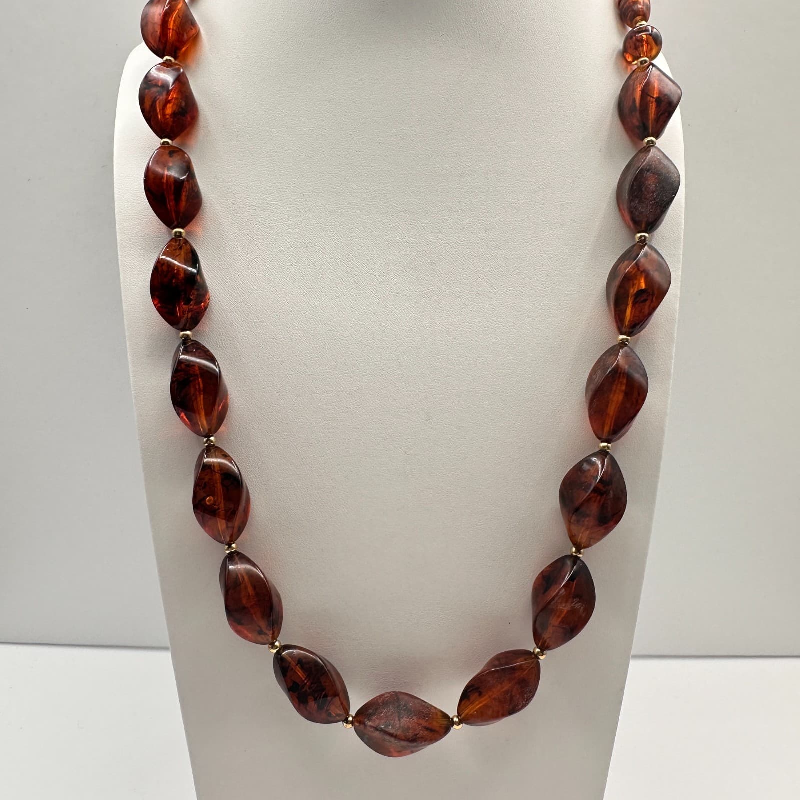 Vintage 90s Faux Amber Resin Chunky Necklace Brown Twisted Beaded Jewelry - Image 1