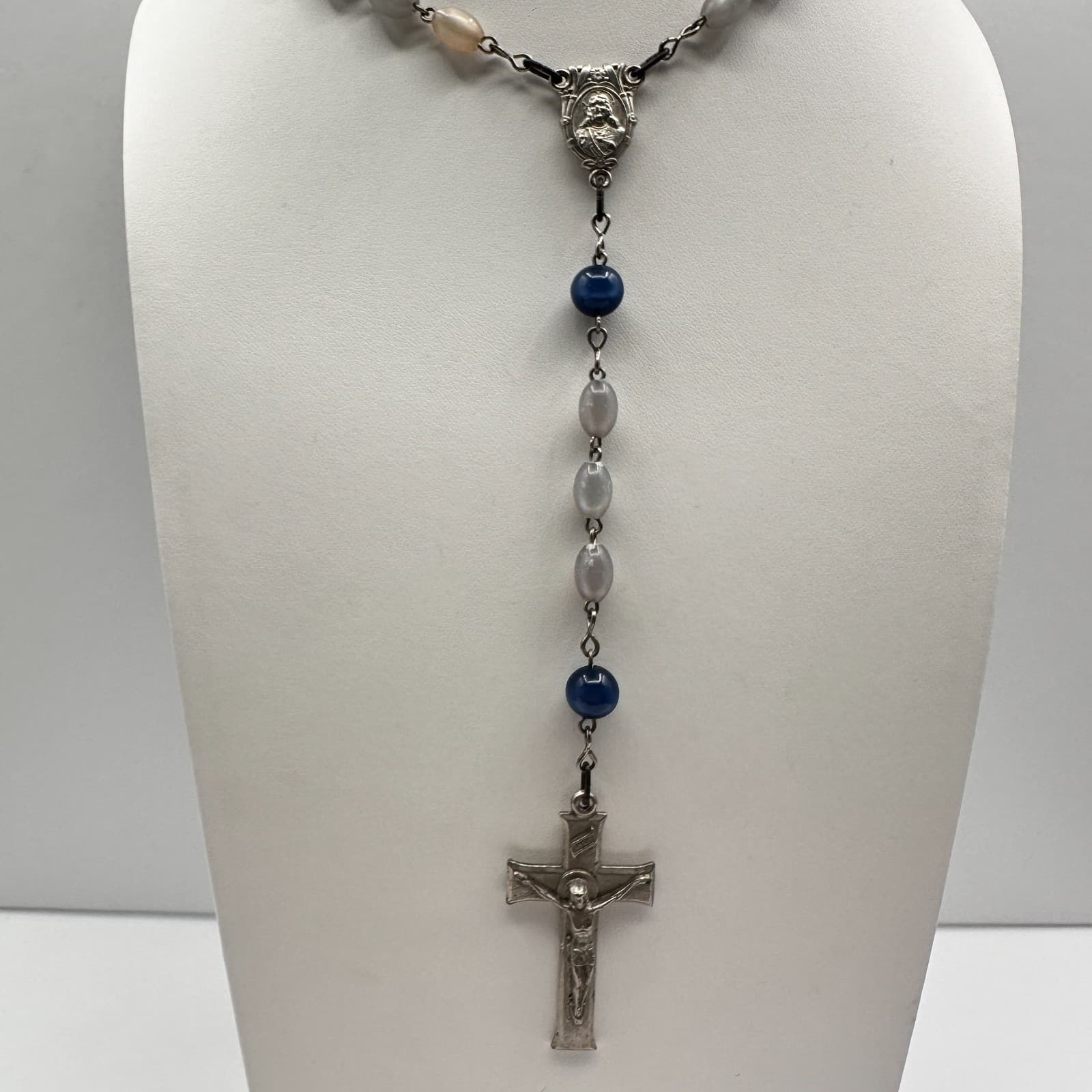 Vintage 90s Catholic Rosary Necklace Silver Tone Grey Beads Crucifix Jewelry - Image 1