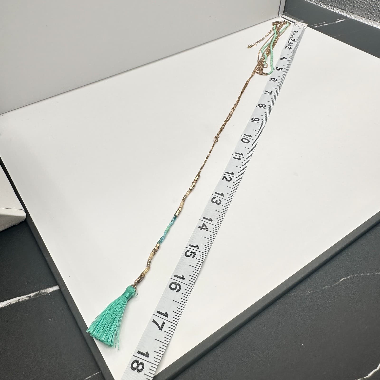 Vintage Y2K Layered Tassel Necklace Gold Tone Mint Green Seed Bead Boho Jewelry - Thumbnail 13