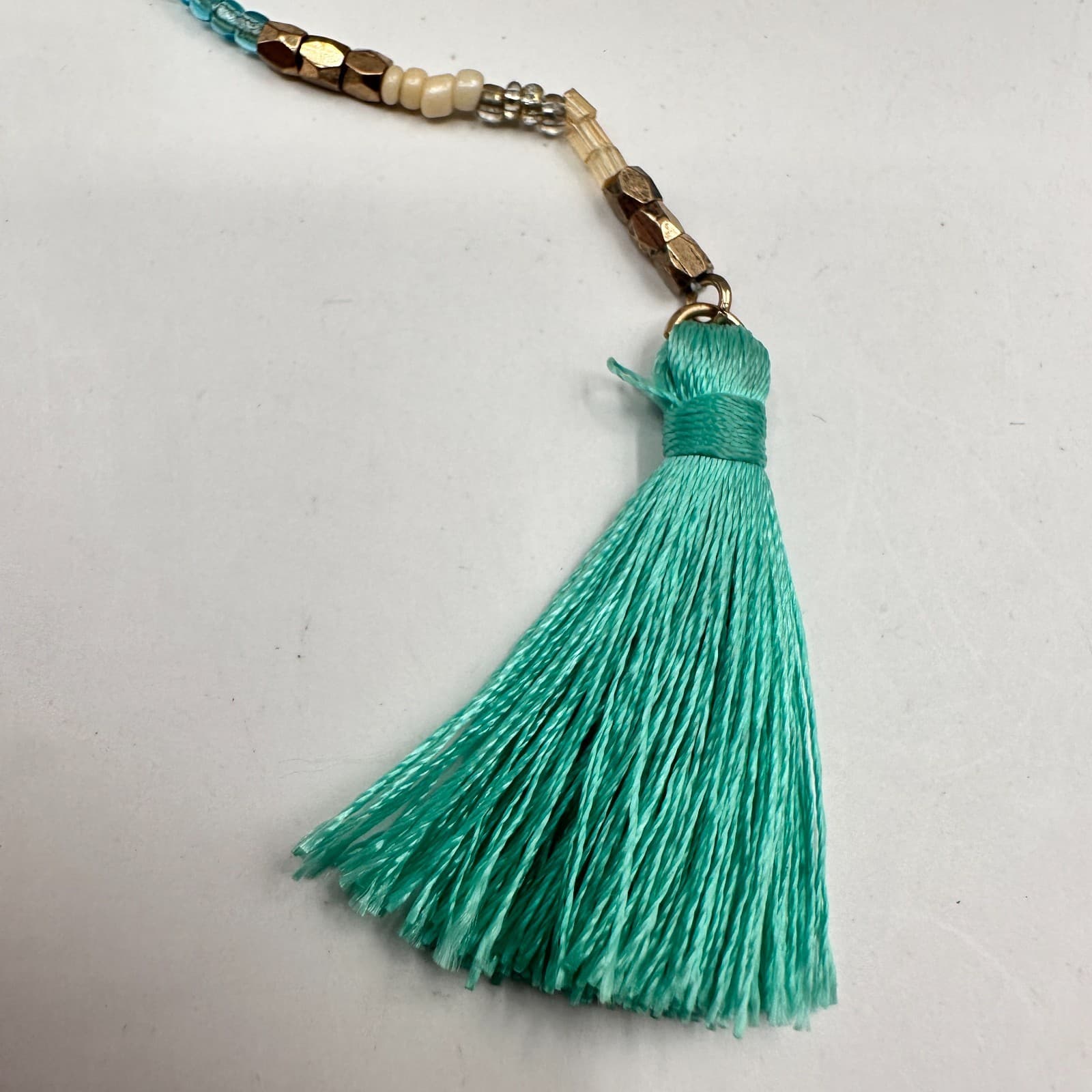 Vintage Y2K Layered Tassel Necklace Gold Tone Mint Green Seed Bead Boho Jewelry - Thumbnail 10