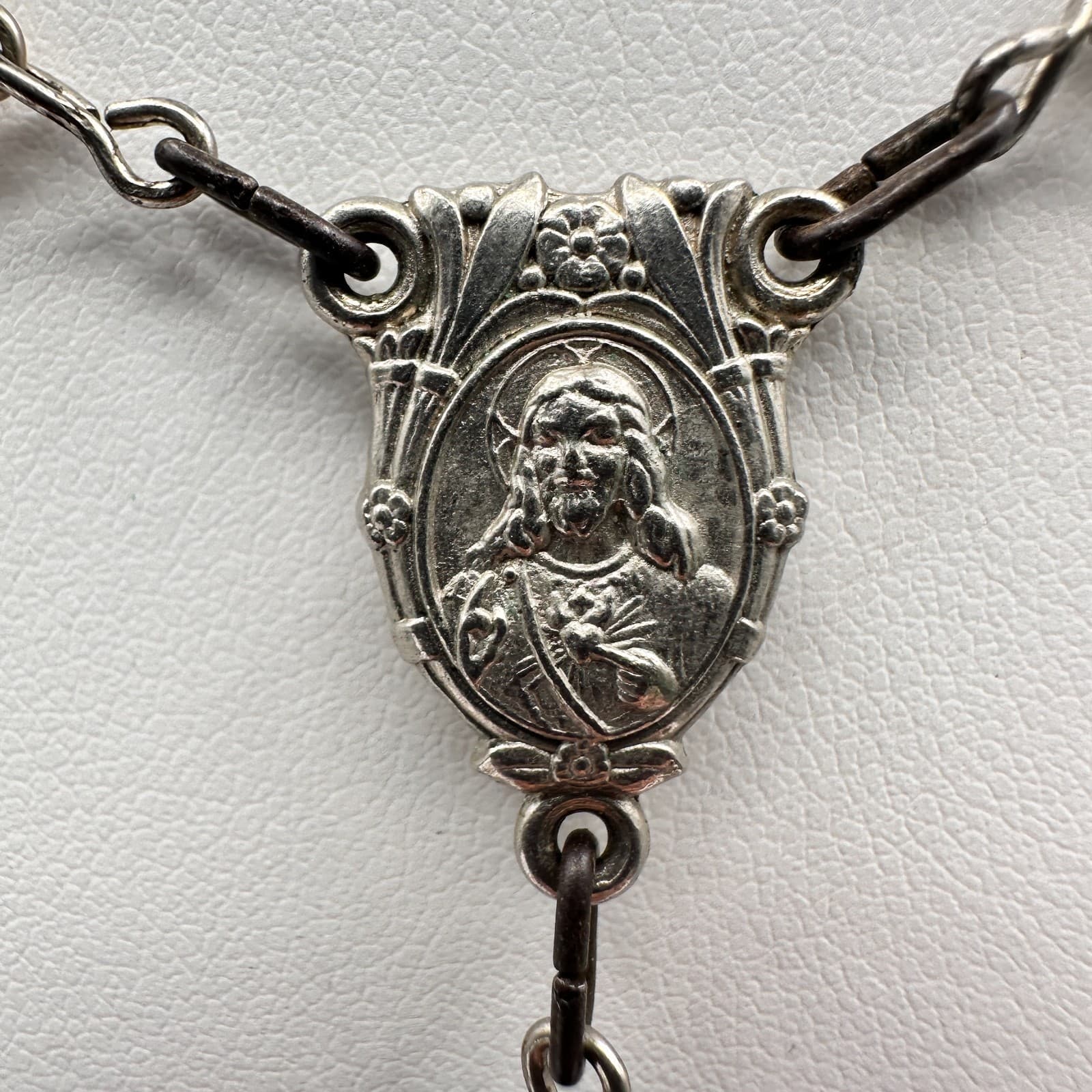 Vintage 90s Catholic Rosary Necklace Silver Tone Grey Beads Crucifix Jewelry - Thumbnail 5