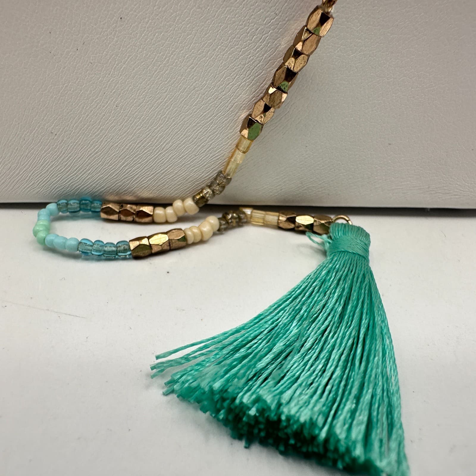 Vintage Y2K Layered Tassel Necklace Gold Tone Mint Green Seed Bead Boho Jewelry - Thumbnail 5
