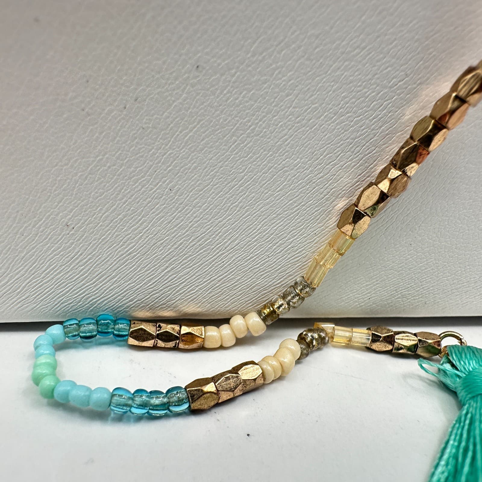 Vintage Y2K Layered Tassel Necklace Gold Tone Mint Green Seed Bead Boho Jewelry - Thumbnail 6