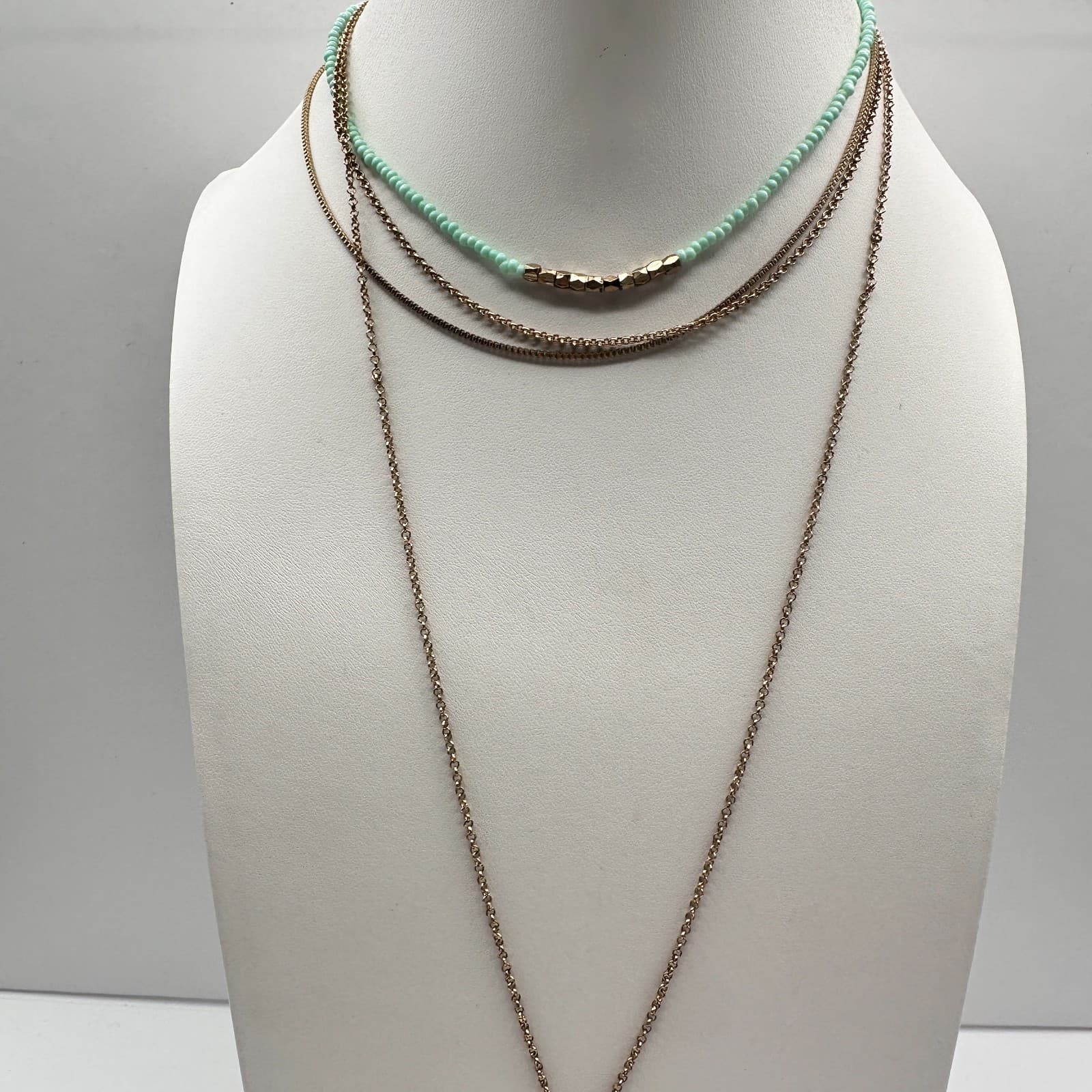 Vintage Y2K Layered Tassel Necklace Gold Tone Mint Green Seed Bead Boho Jewelry - Thumbnail 2