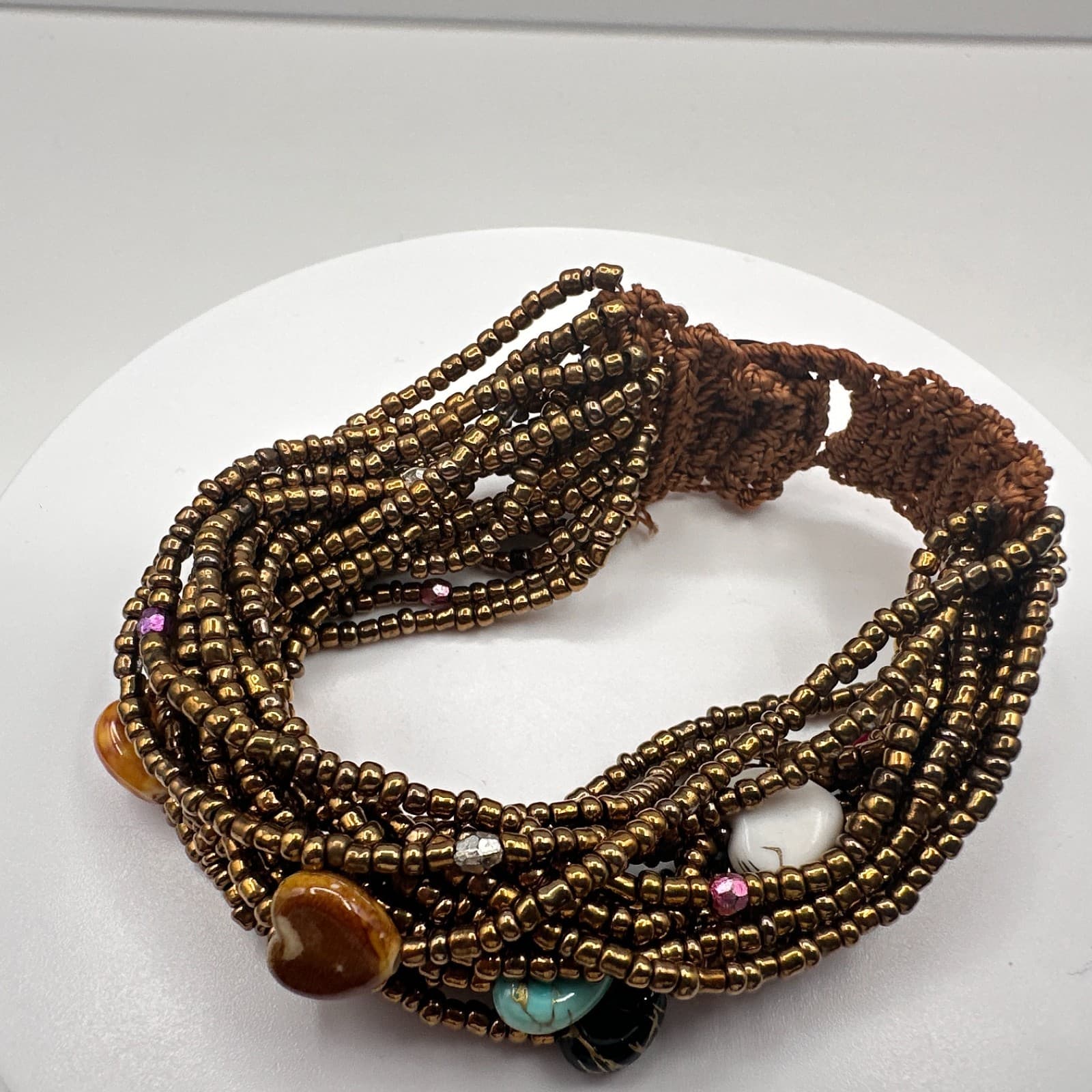 Vintage 90s Multi-Strand Bronze Beaded Bracelet Boho Heart Stone Charm Jewelry - Thumbnail 4