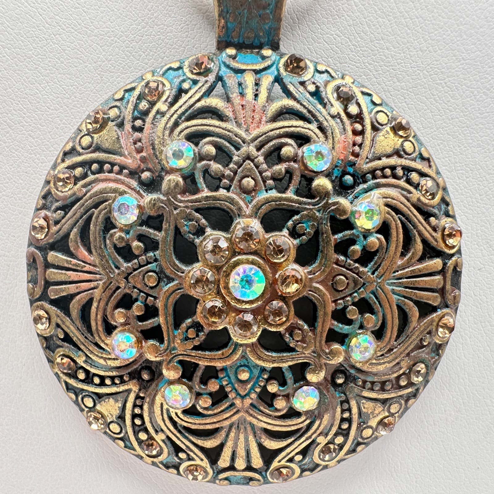 Vintage 90s Medallion Filigree Pendant Necklace Gold Tone Patina AB Rhinestone - Thumbnail 2