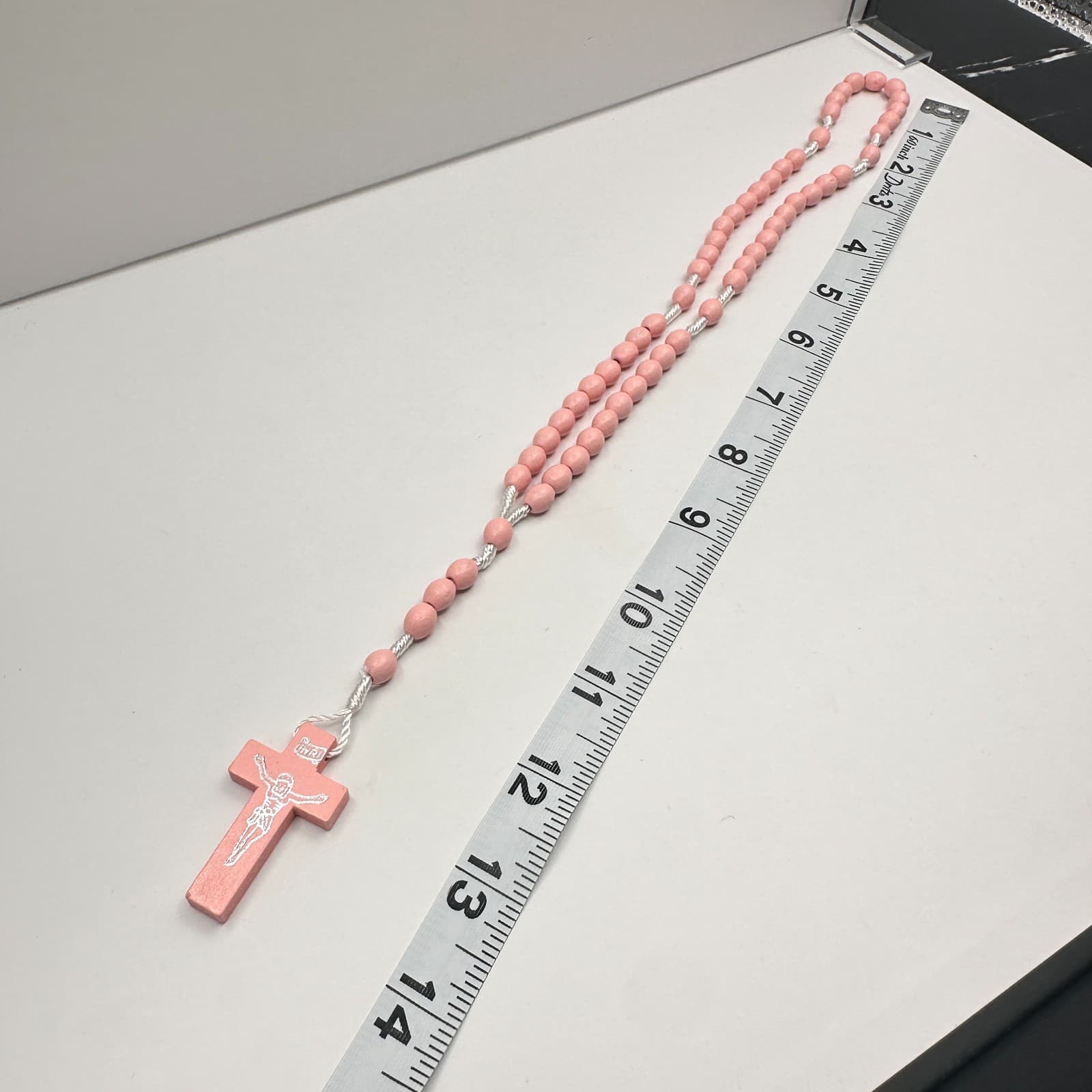 Vintage 80s Pink Wood Bead Rosary Necklace INRI Catholic Crucifix Religious - Thumbnail 8
