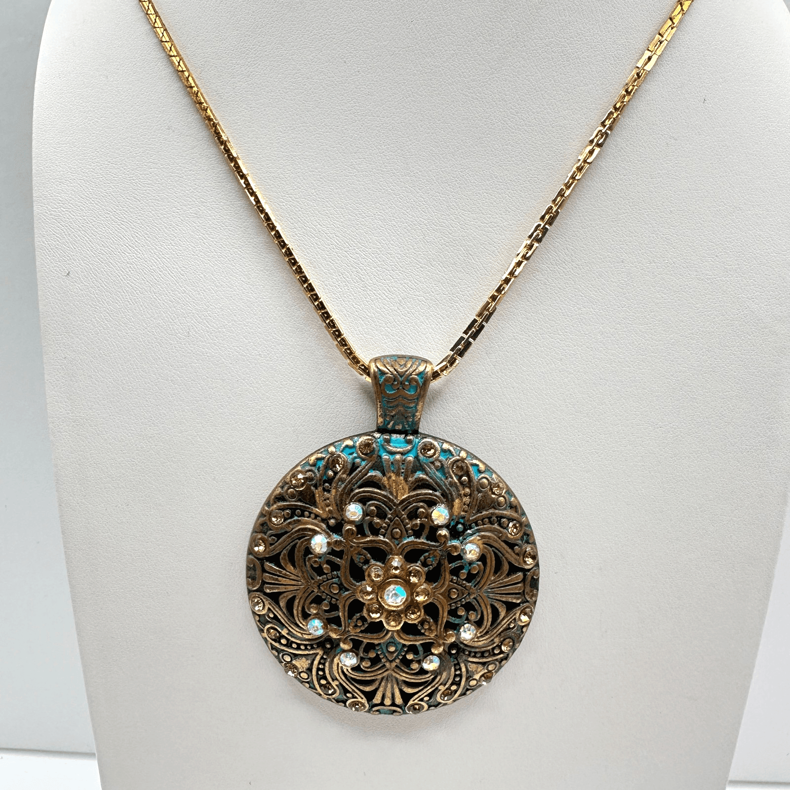 Vintage 90s Medallion Filigree Pendant Necklace Gold Tone Patina AB Rhinestone - Image 1