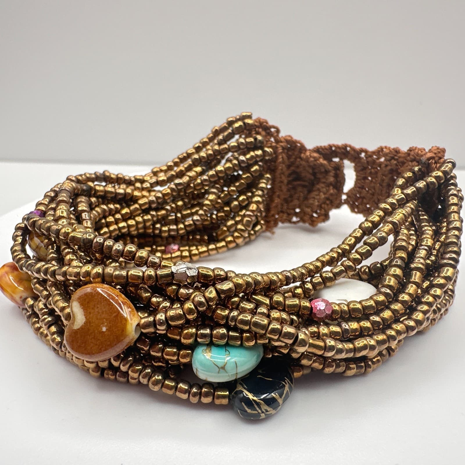 Vintage 90s Multi-Strand Bronze Beaded Bracelet Boho Heart Stone Charm Jewelry - Image 1