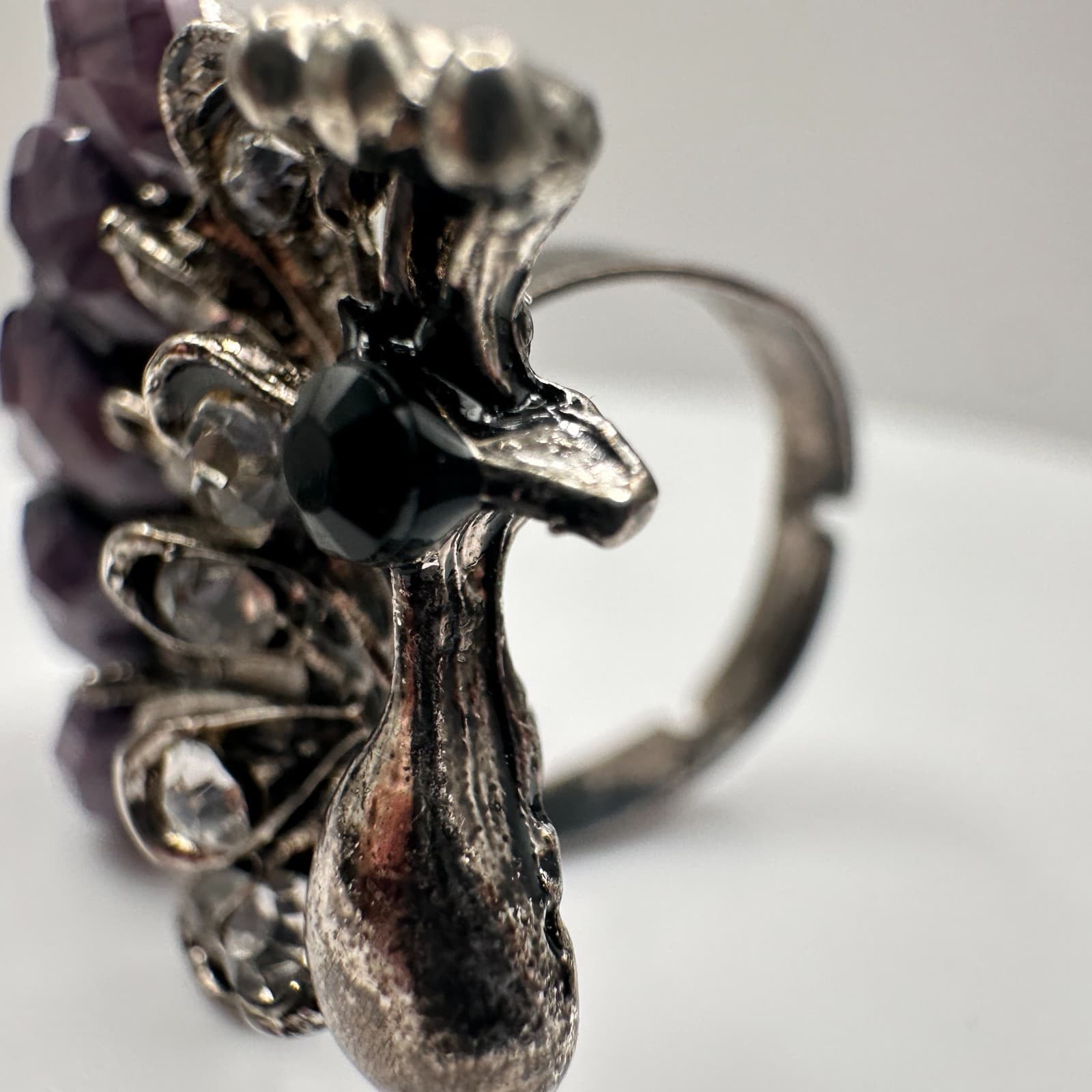 Vintage 90s Peacock Rhinestone Ring Purple Faux Stone Silver Tone Adjustable - Thumbnail 4
