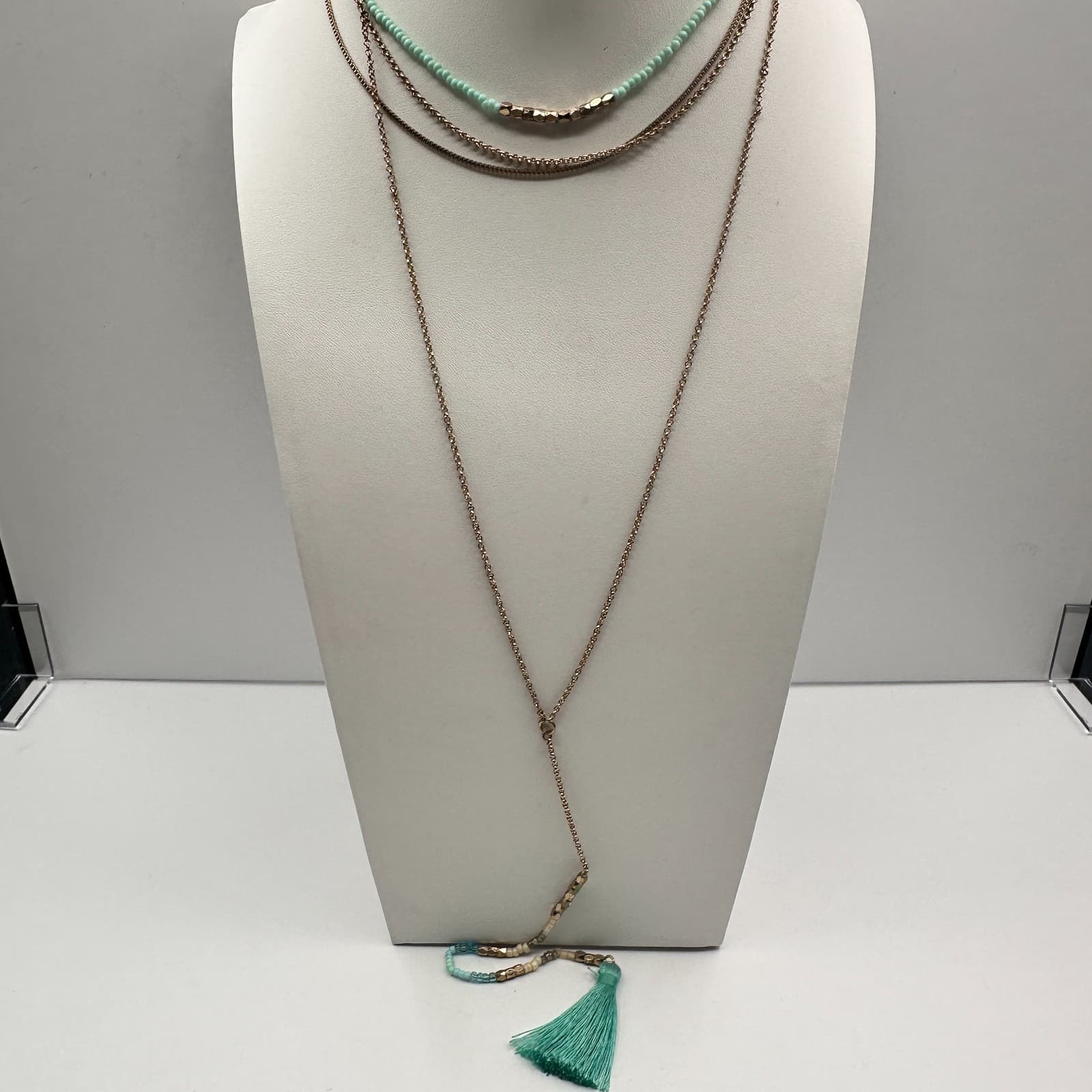 Vintage Y2K Layered Tassel Necklace Gold Tone Mint Green Seed Bead Boho Jewelry - Image 1