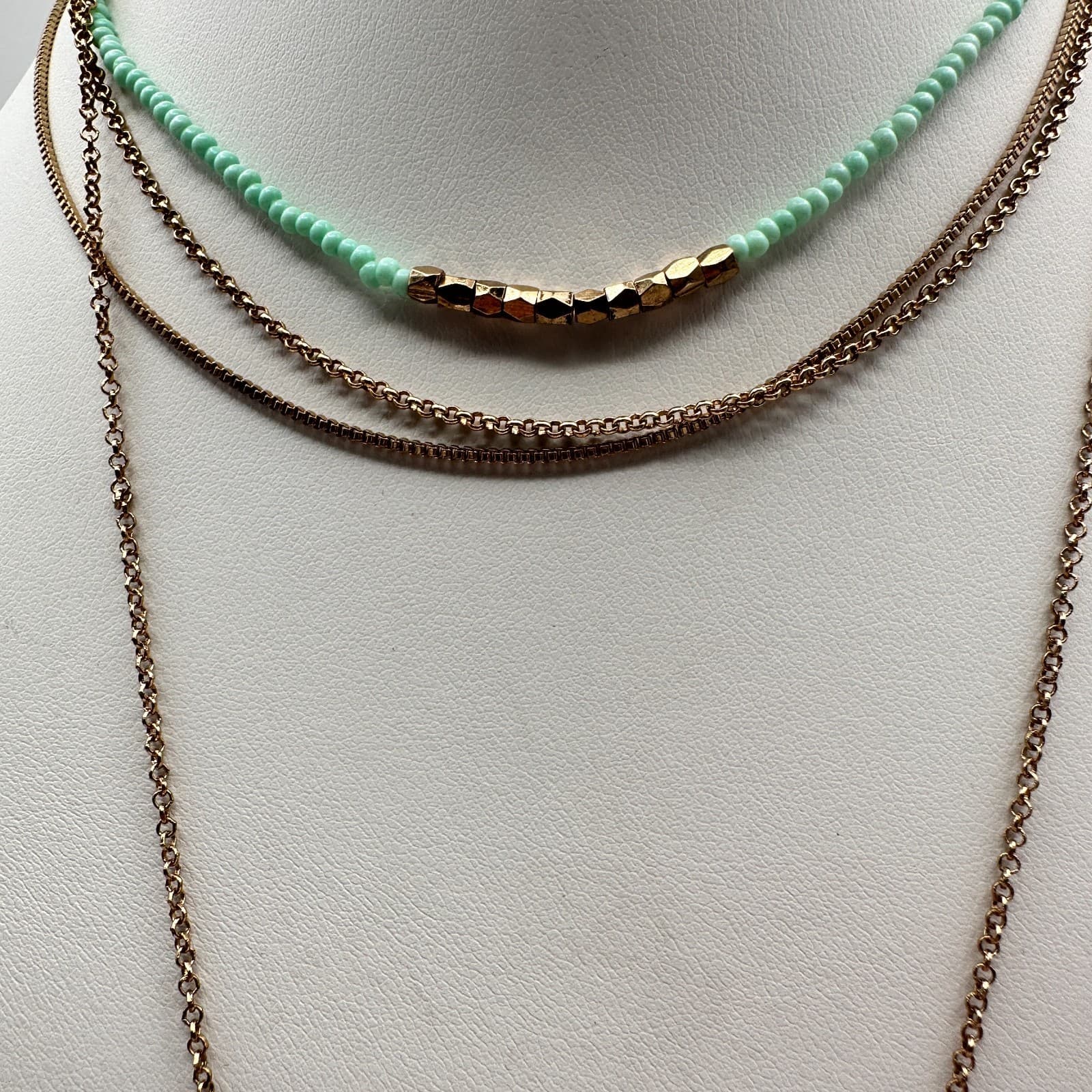 Vintage Y2K Layered Tassel Necklace Gold Tone Mint Green Seed Bead Boho Jewelry - Thumbnail 3