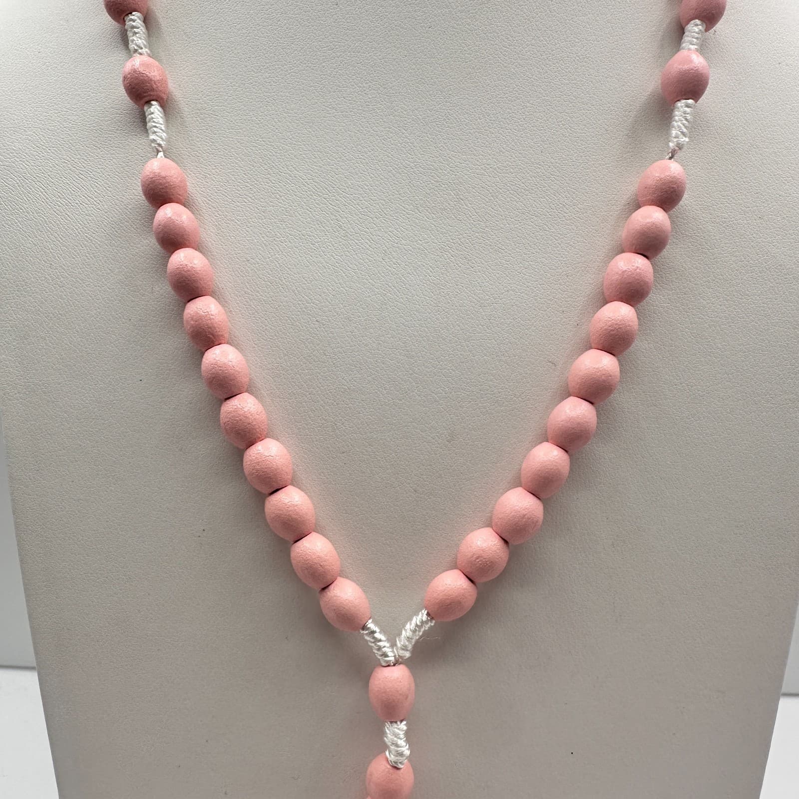 Vintage 80s Pink Wood Bead Rosary Necklace INRI Catholic Crucifix Religious - Thumbnail 2