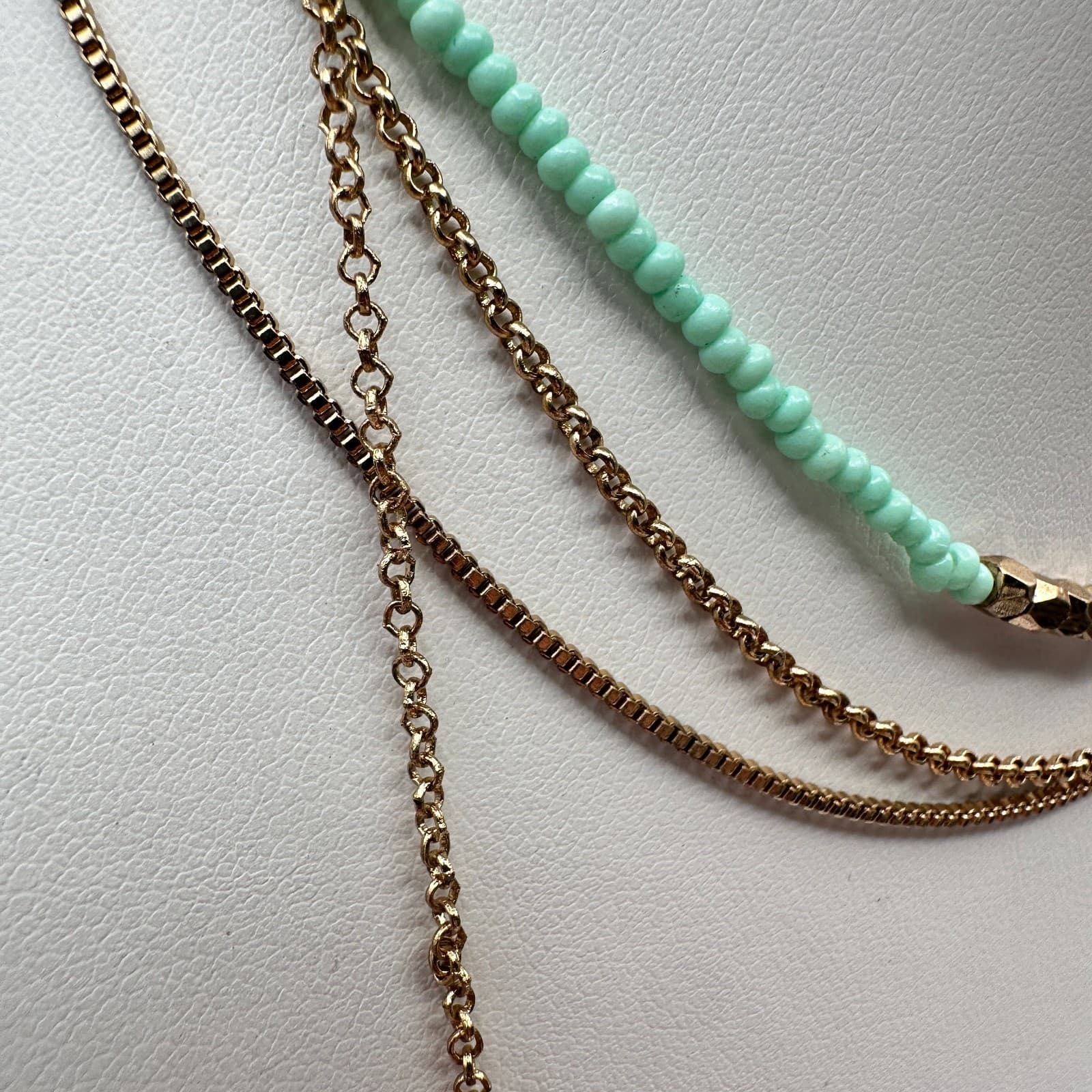 Vintage Y2K Layered Tassel Necklace Gold Tone Mint Green Seed Bead Boho Jewelry - Thumbnail 8