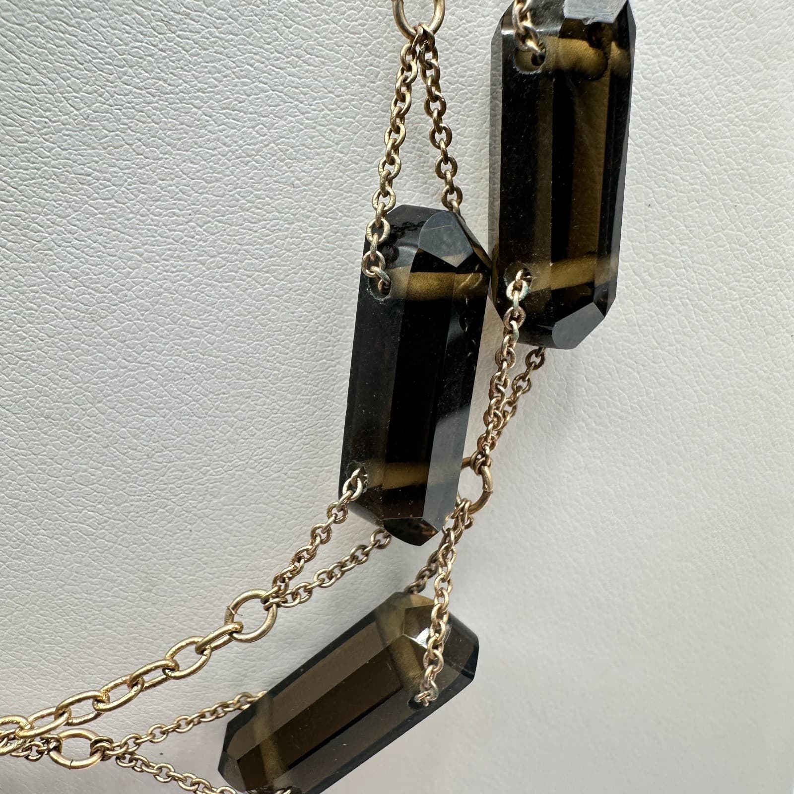 Vintage 80s Gold Tone Layered Necklace Faceted Dark Barrel Bead Stations Jewelry - Thumbnail 6