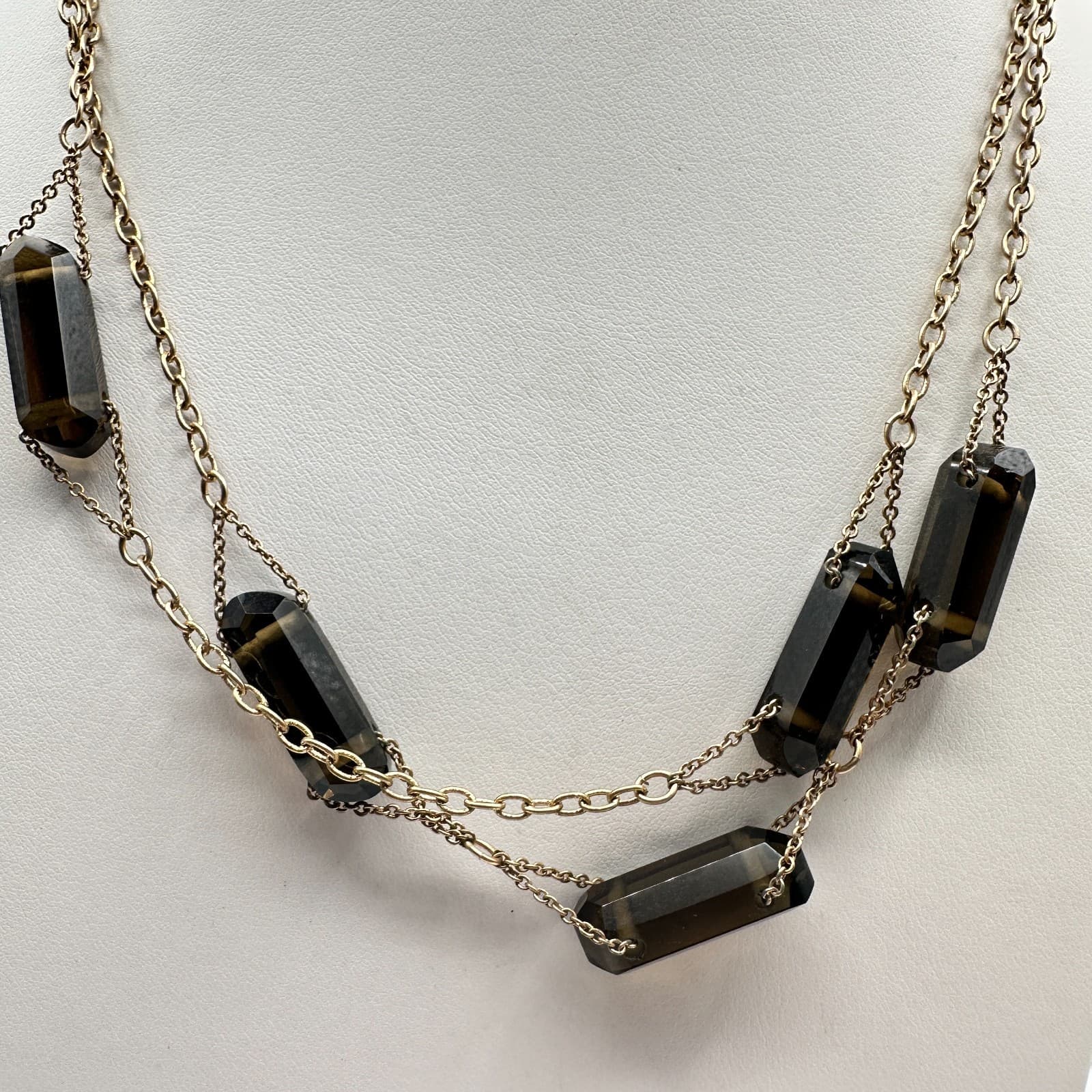 Vintage 80s Gold Tone Layered Necklace Faceted Dark Barrel Bead Stations Jewelry - Thumbnail 2