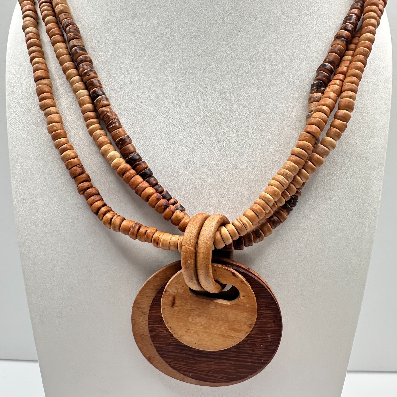 Vintage 80s Multi-strand wooden bead necklace with two circular pendants jewelry - Thumbnail 8