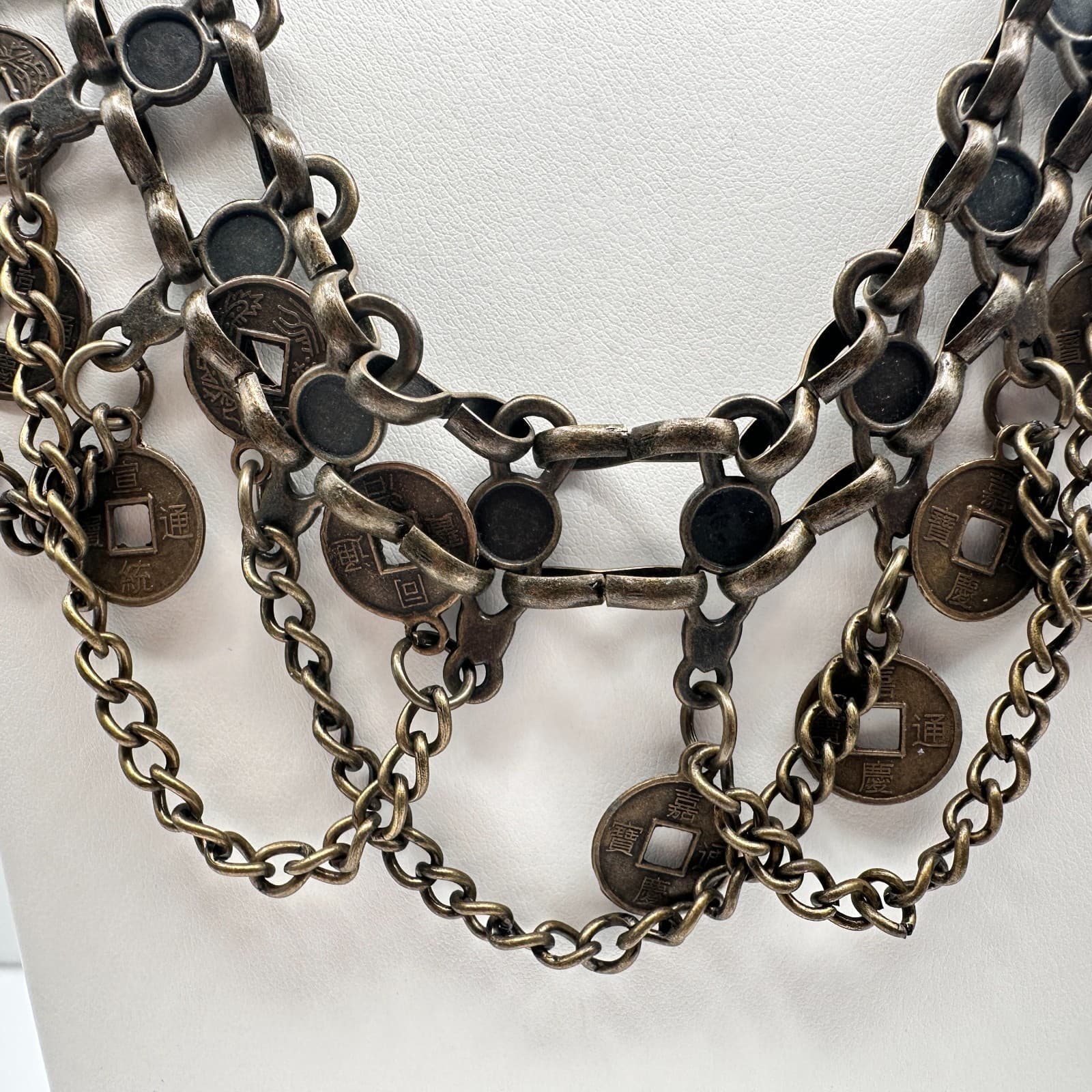 Vintage 90s Multi Layer Coin Statement Necklace Bronze Tone Boho Chunky Bib - Thumbnail 2