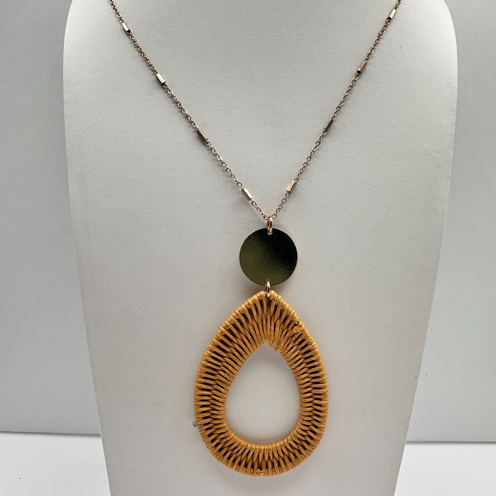 Vintage 90s Mustard Yellow Woven Rattan Teardrop Statement Gold Tone Necklace - Image 1