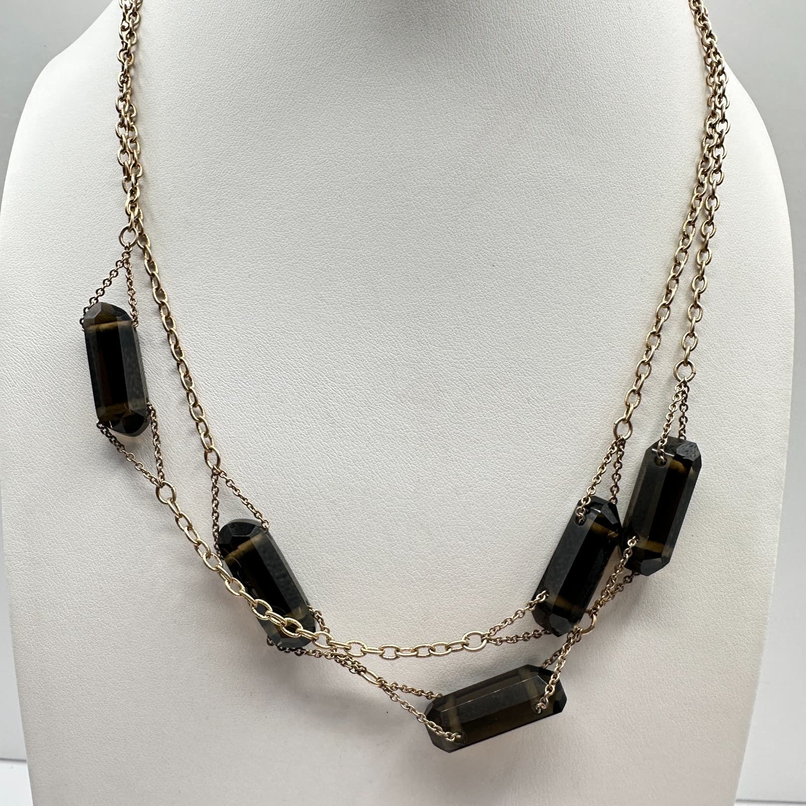 Vintage 80s Gold Tone Layered Necklace Faceted Dark Barrel Bead Stations Jewelry - Image 1