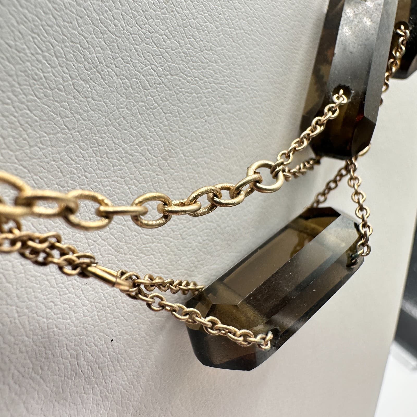 Vintage 80s Gold Tone Layered Necklace Faceted Dark Barrel Bead Stations Jewelry - Thumbnail 4