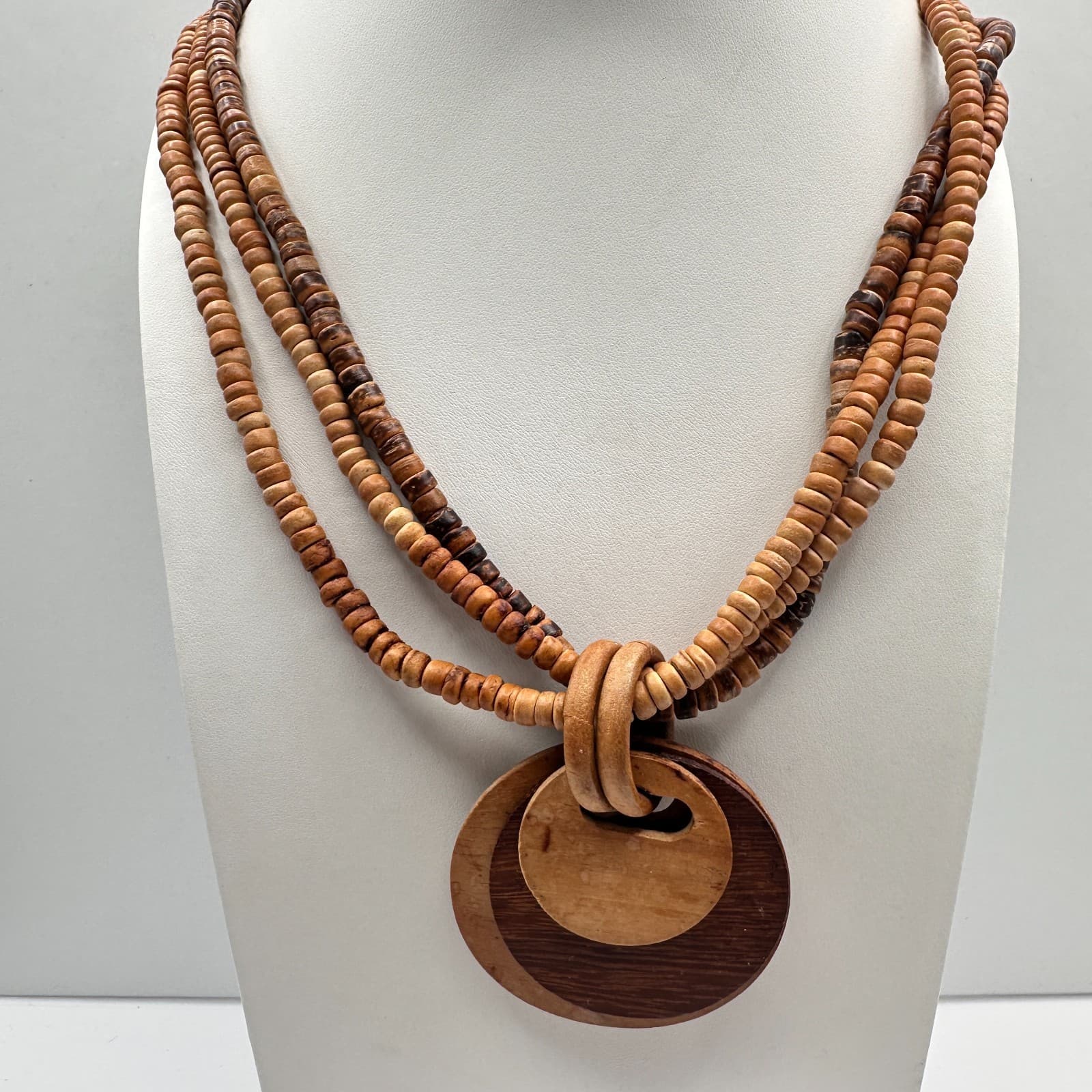 Vintage 80s Multi-strand wooden bead necklace with two circular pendants jewelry - Thumbnail 2