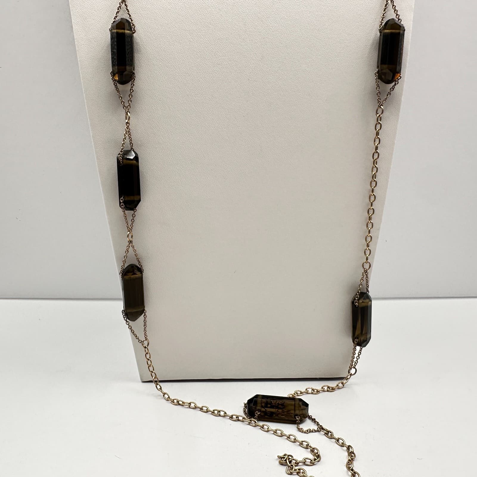 Vintage 80s Gold Tone Layered Necklace Faceted Dark Barrel Bead Stations Jewelry - Thumbnail 9